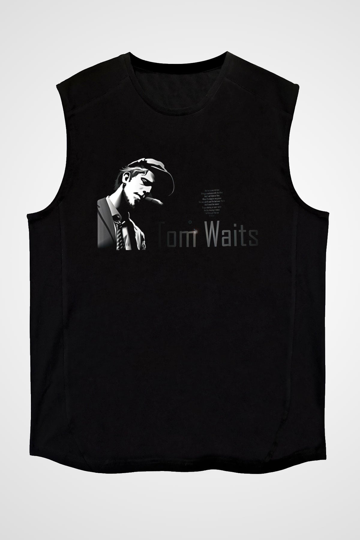 Tom Waits Baskılı Unisex Siyah Kolsuz Tişört - Tshirt