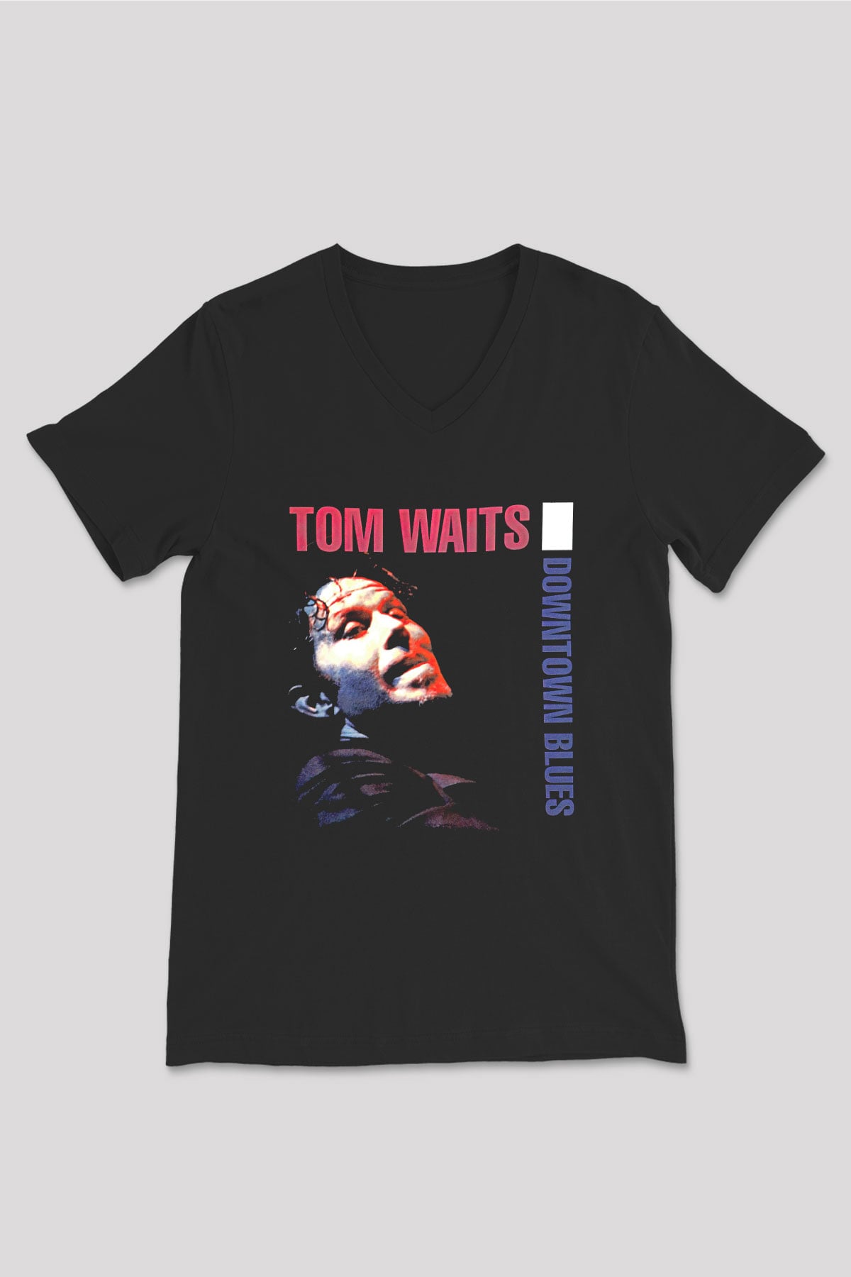 Tom Waits Baskılı Unisex Siyah V Yaka Tişört - Tshirt