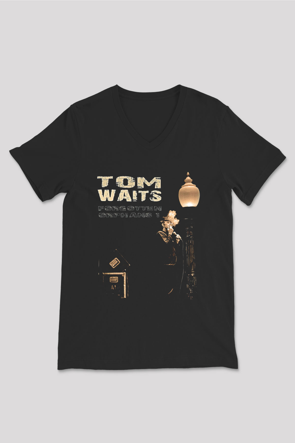 Tom Waits Baskılı Unisex Siyah V Yaka Tişört - Tshirt