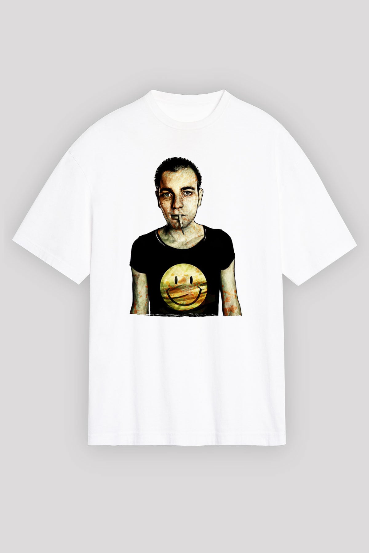 Trainspotting Baskılı Beyaz Unisex Oversize Tişört - Tshirt