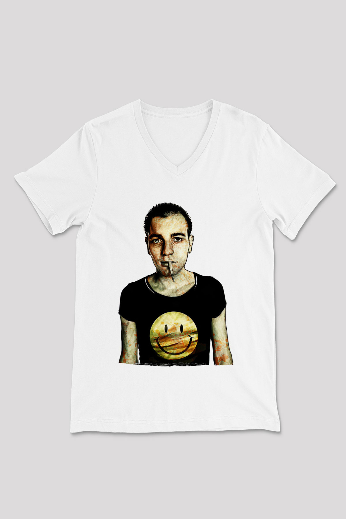 Trainspotting Baskılı Beyaz Unisex V Yaka Tişört - Tshirt