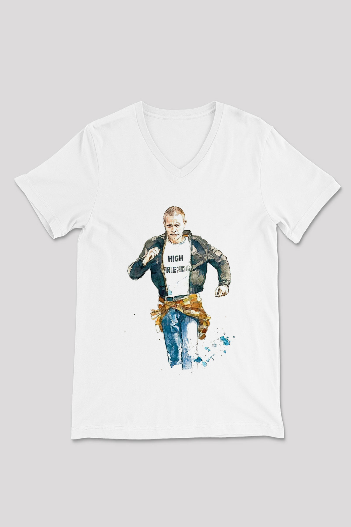 Trainspotting Baskılı Beyaz Unisex V Yaka Tişört - Tshirt