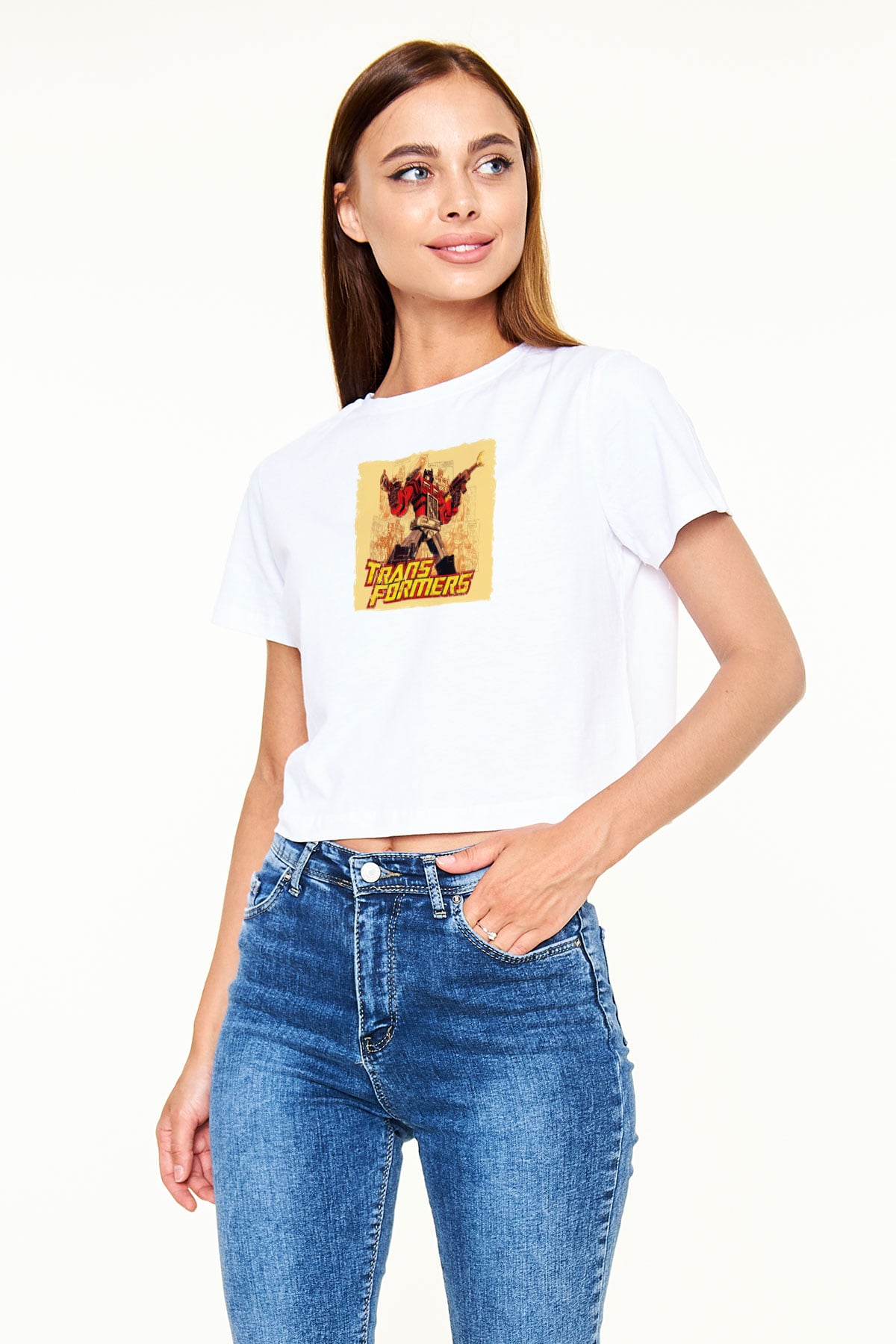 Transformers Beyaz   Crop Top Tişört