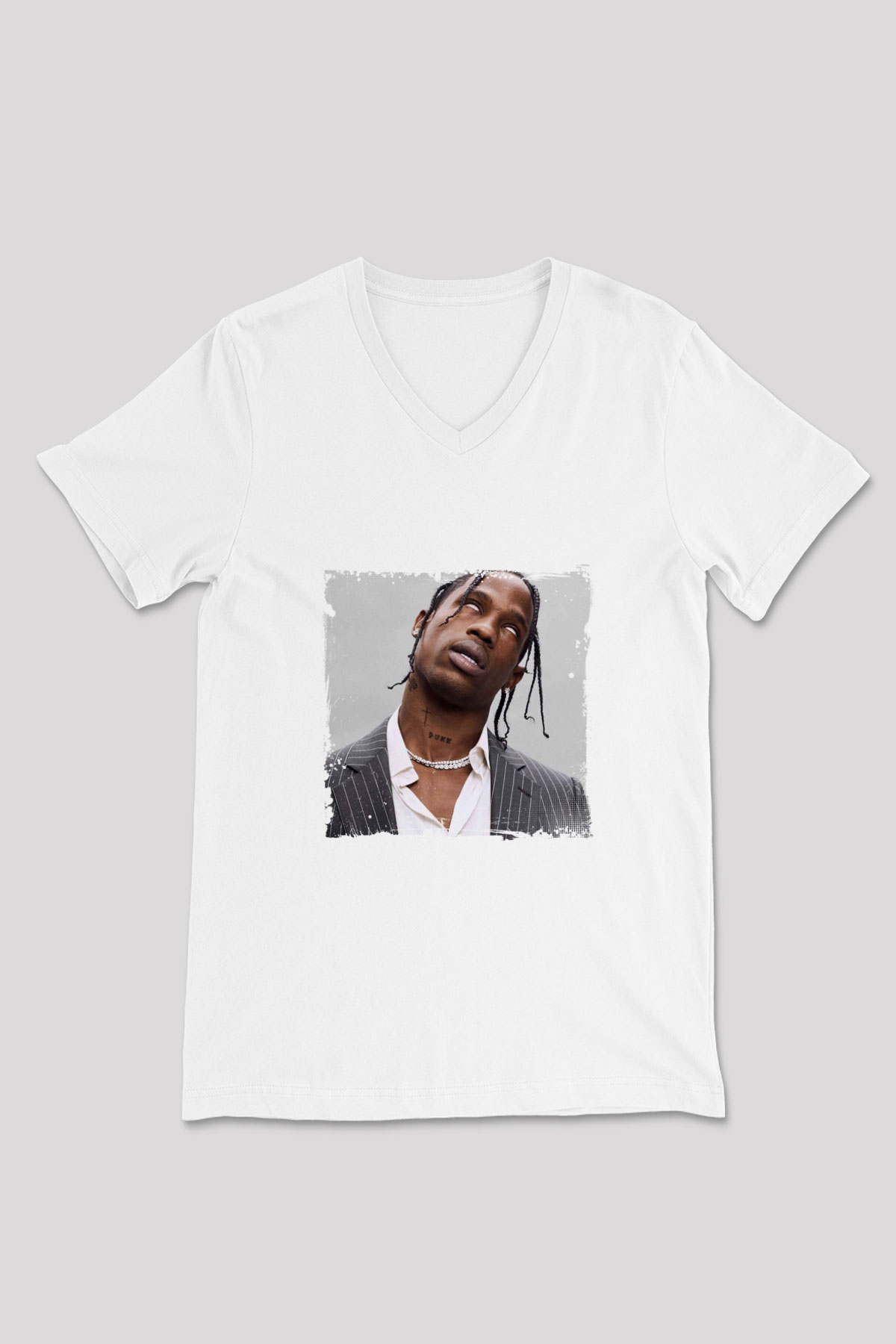 Travis Scott Baskılı Beyaz V Yaka Unisex Tişört