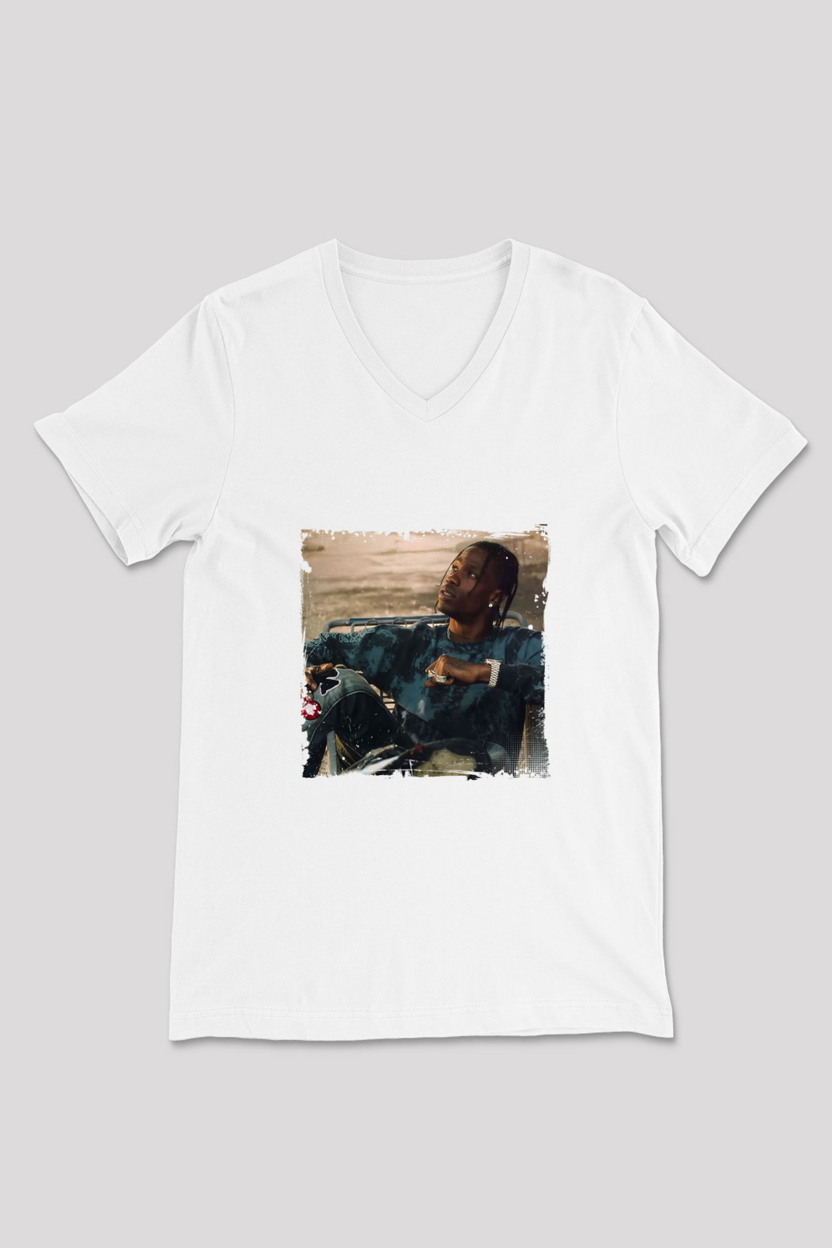 Travis Scott Baskılı Beyaz V Yaka Unisex Tişört