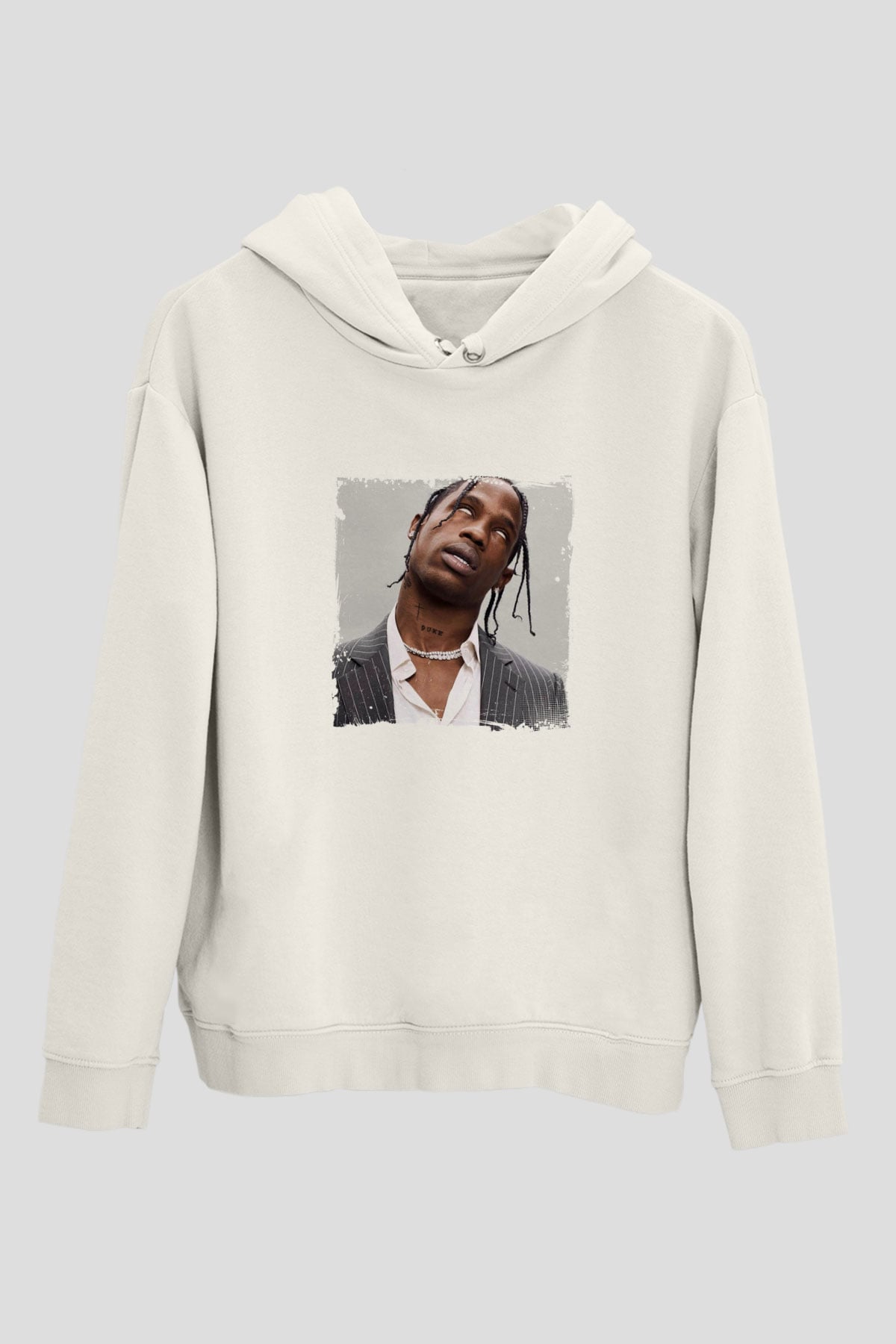 Travis Scott Baskılı Unisex Beyaz Kapüşonlu Sweatshirt