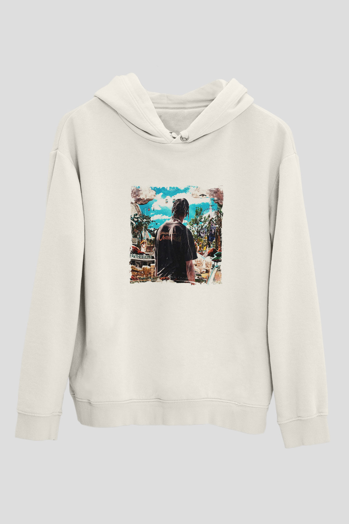 Travis Scott Baskılı Unisex Beyaz Kapüşonlu Sweatshirt