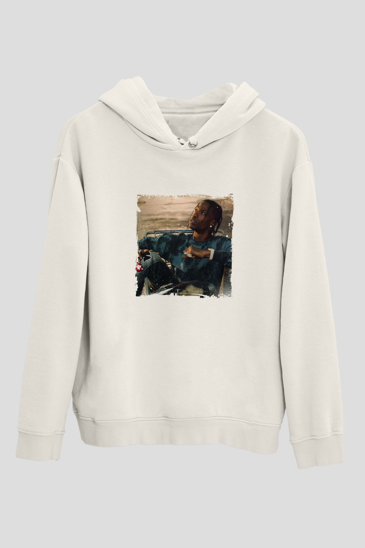 Travis Scott Baskılı Unisex Beyaz Kapüşonlu Sweatshirt