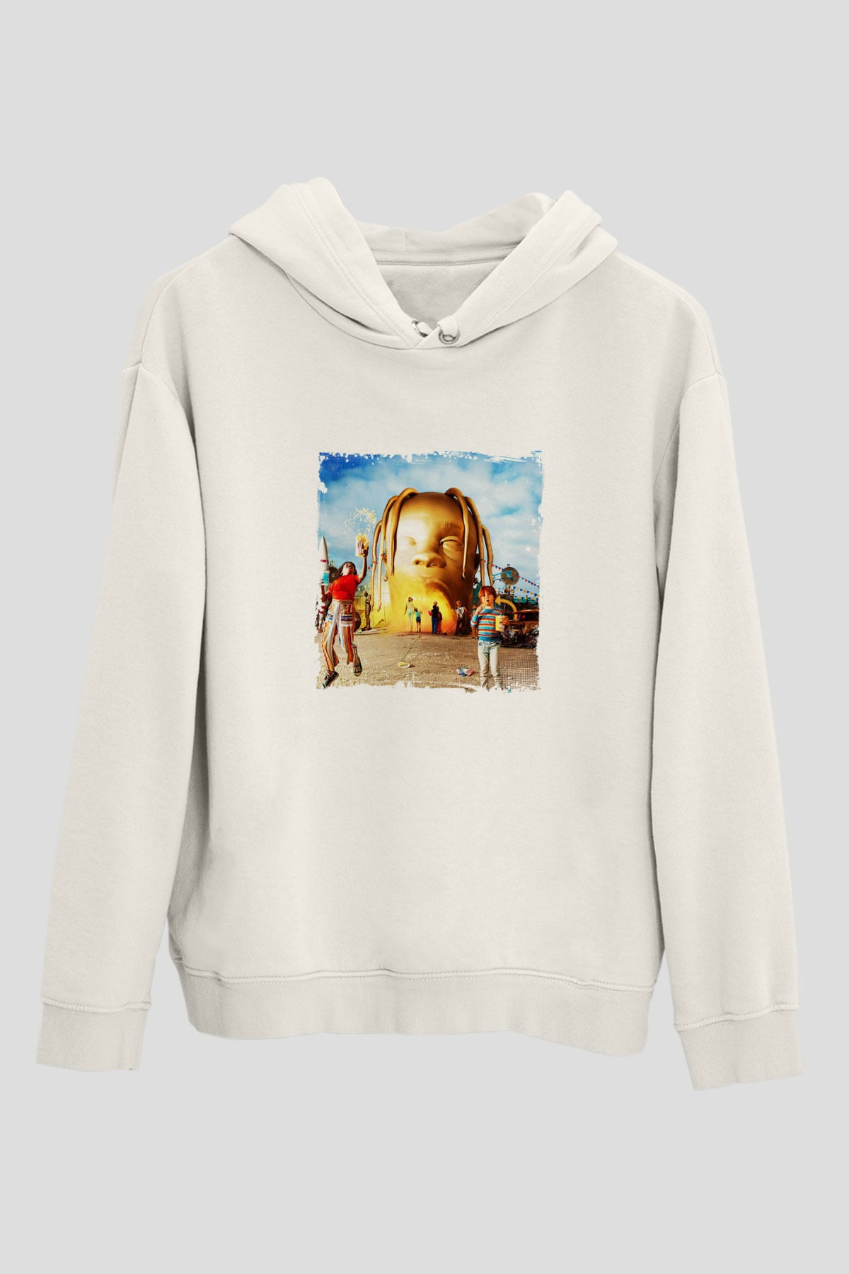 Travis Scott Baskılı Unisex Beyaz Kapüşonlu Sweatshirt