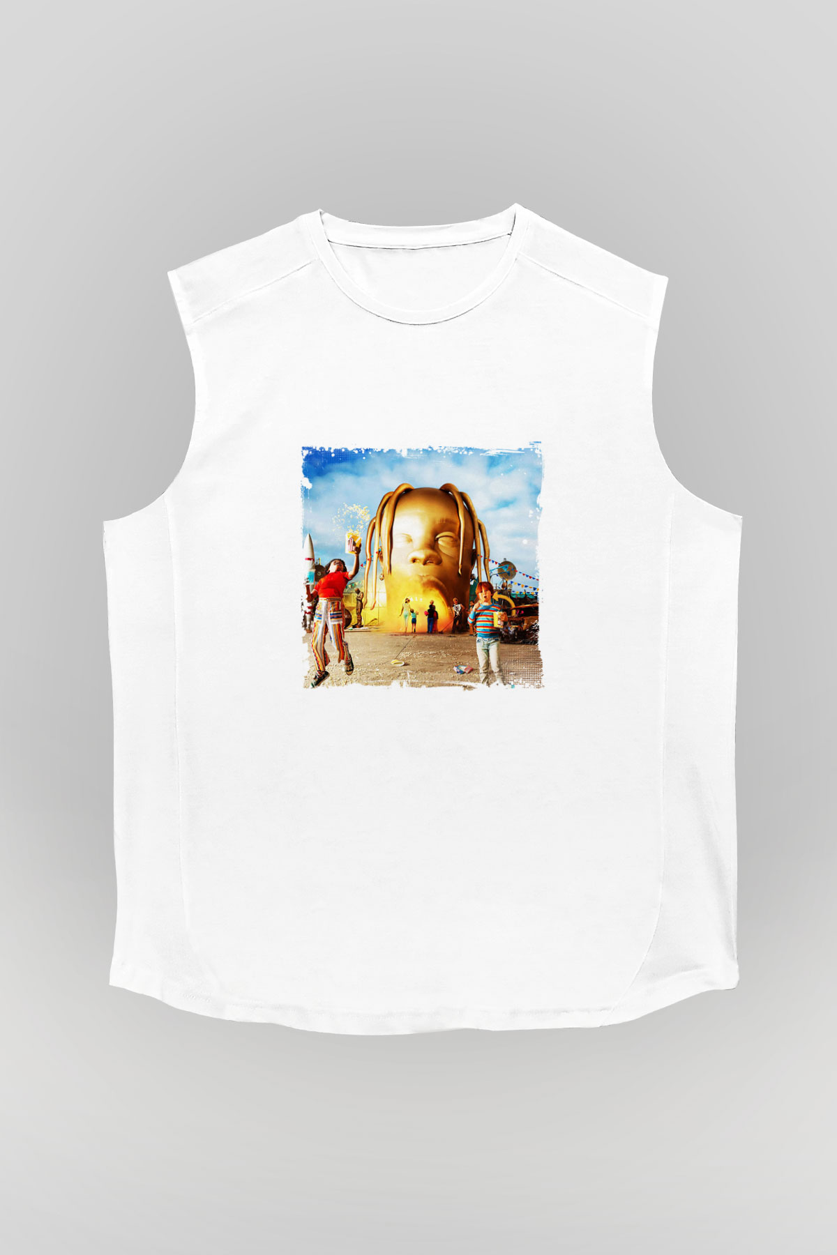 Travis Scott Baskılı Unisex Beyaz Kolsuz Tişört