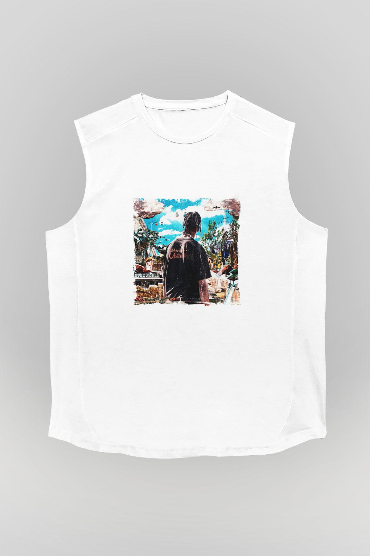 Travis Scott Baskılı Unisex Beyaz Kolsuz Tişört