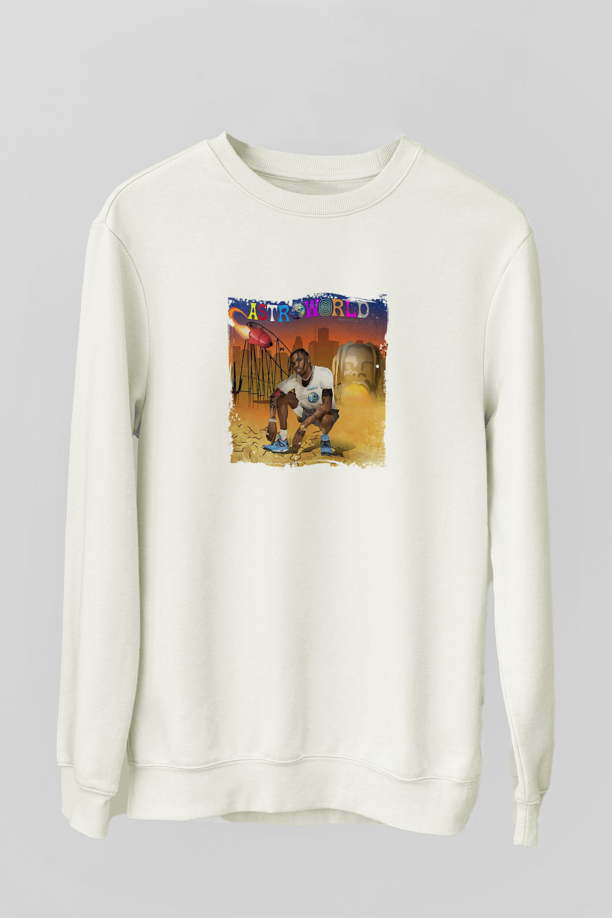 Travis Scott Baskılı Unisex Beyaz Sweatshirt