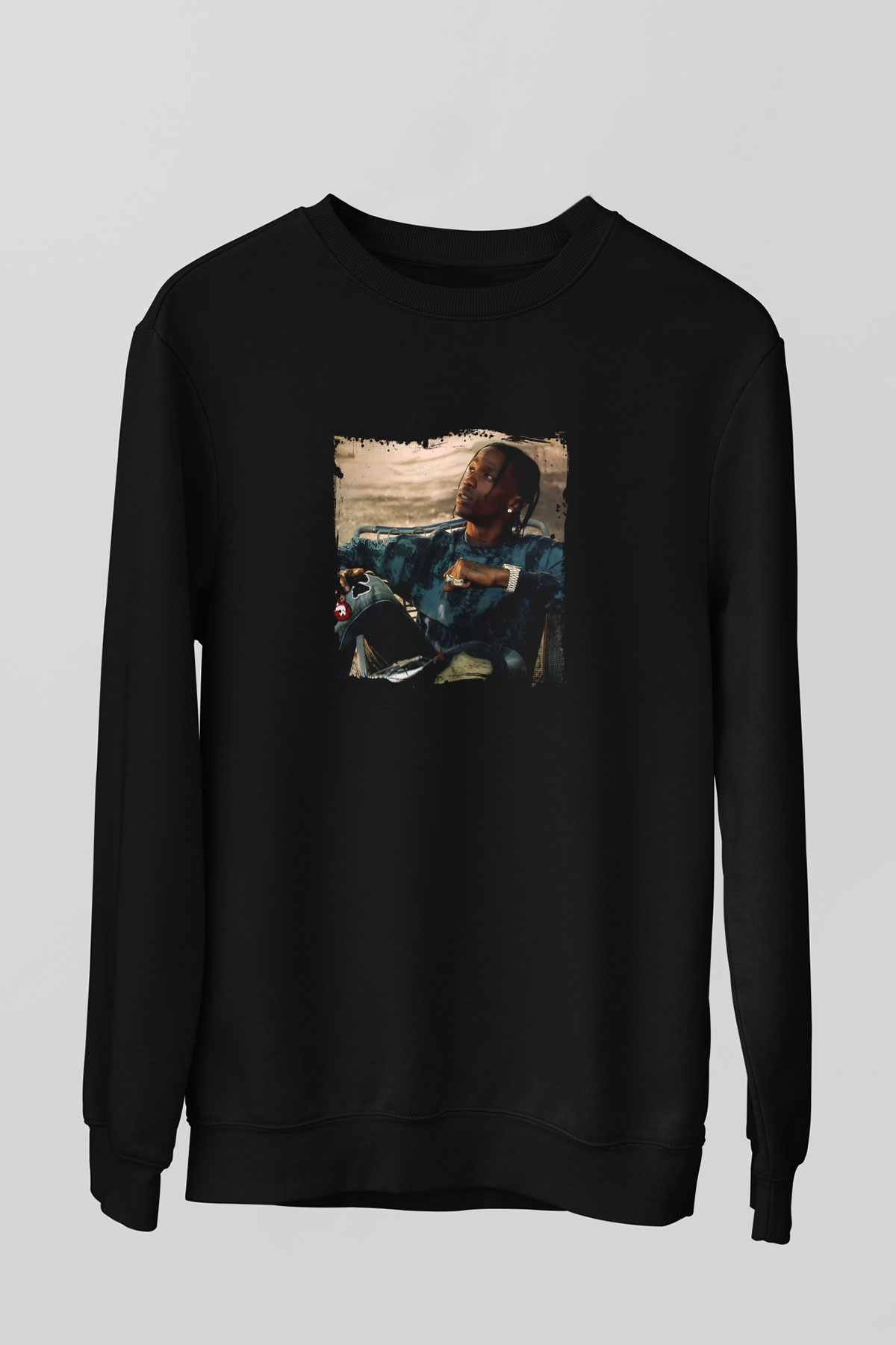 Travis Scott Baskılı Unisex Siyah Sweatshirt