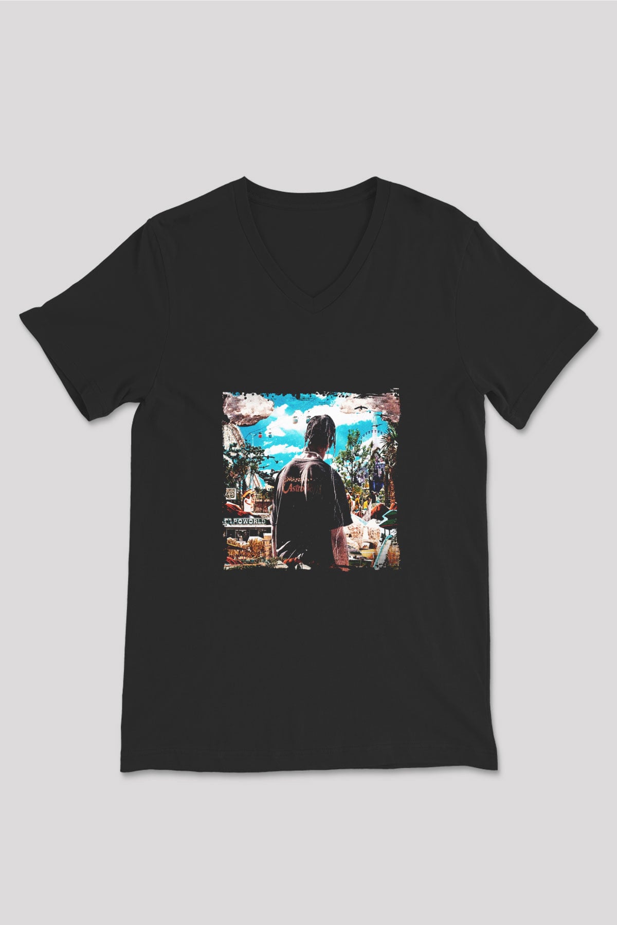 Travis Scott Baskılı Unisex Siyah V Yaka Tişört