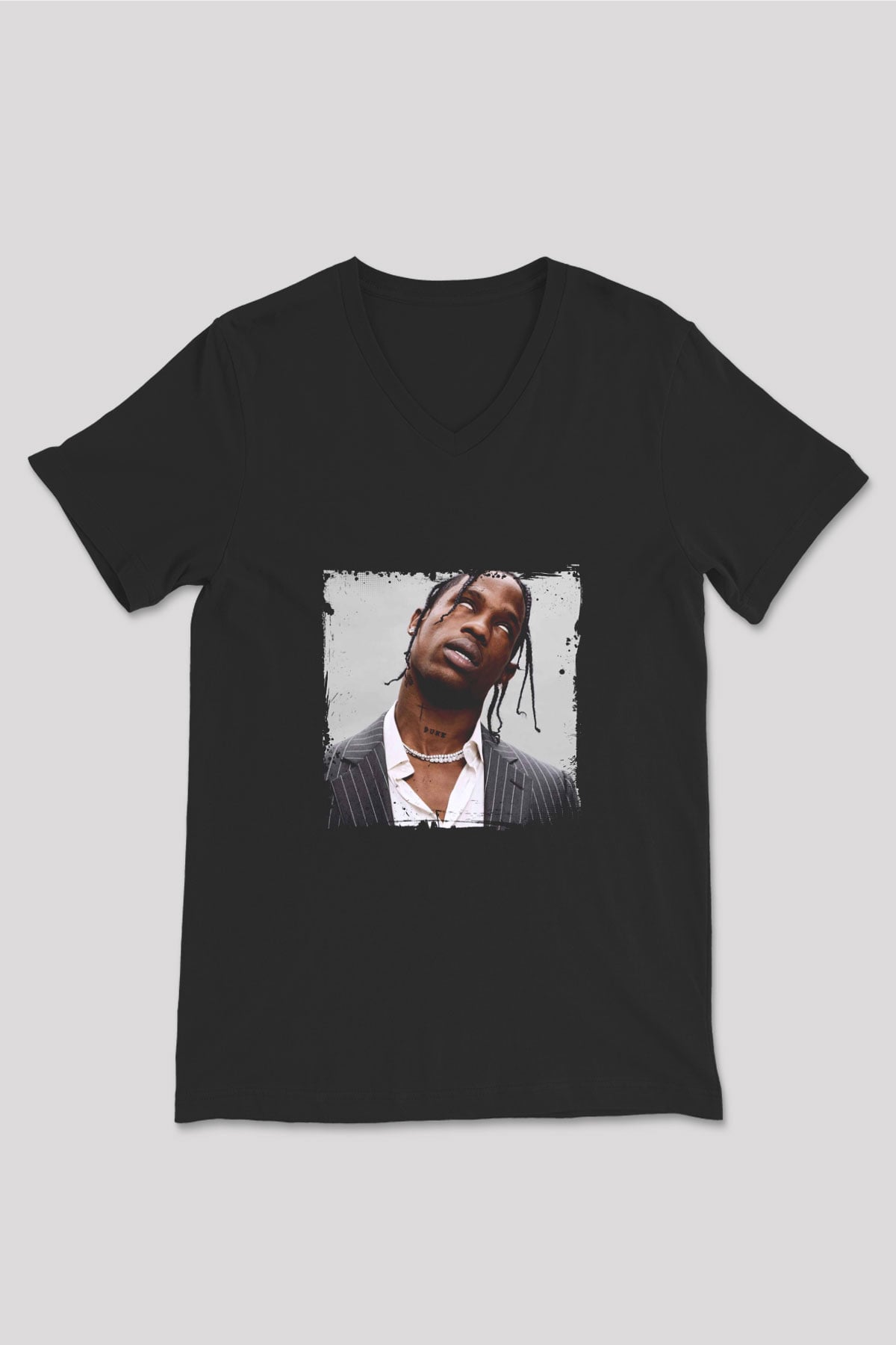 Travis Scott Baskılı Unisex Siyah V Yaka Tişört