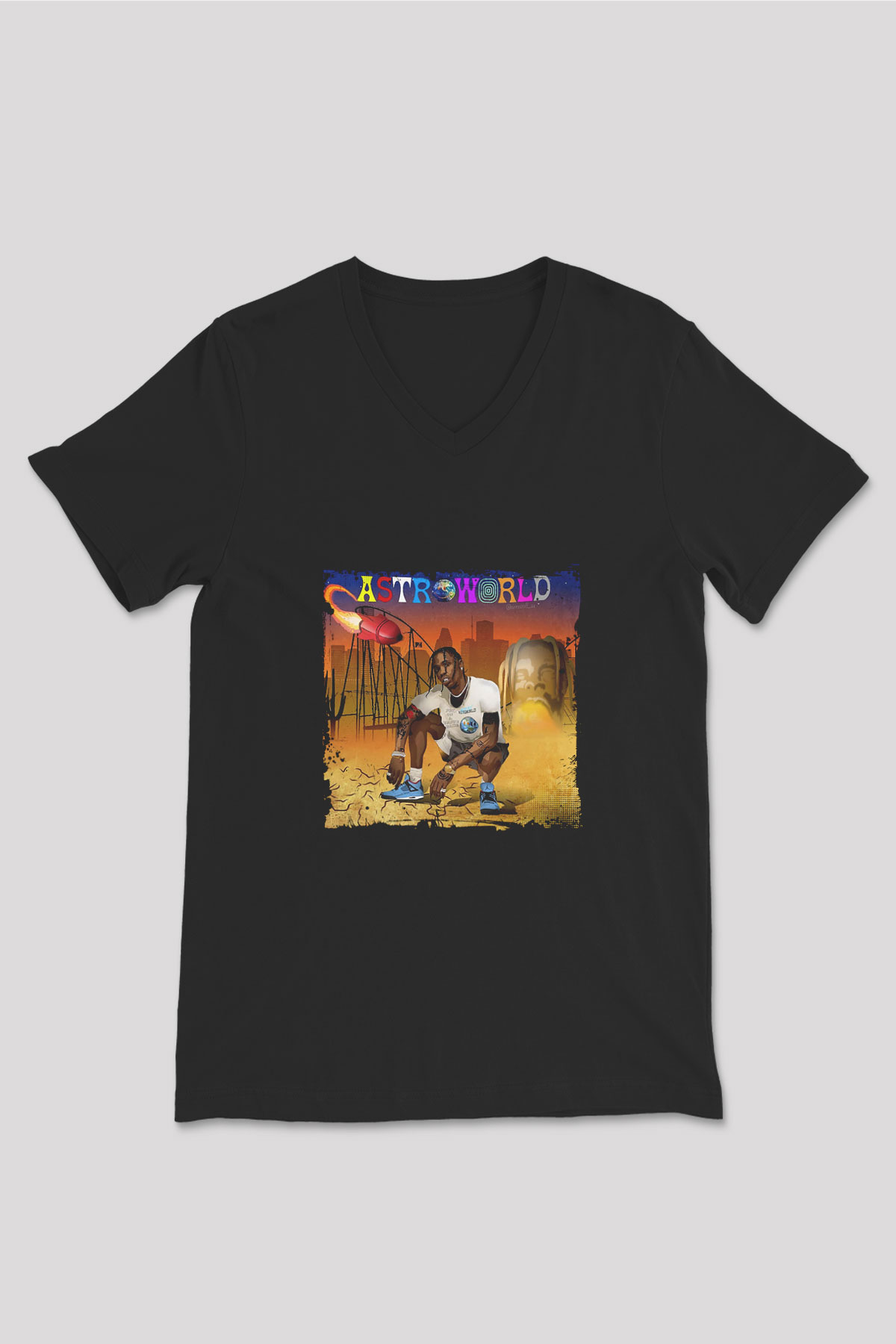 Travis Scott Baskılı Unisex Siyah V Yaka Tişört