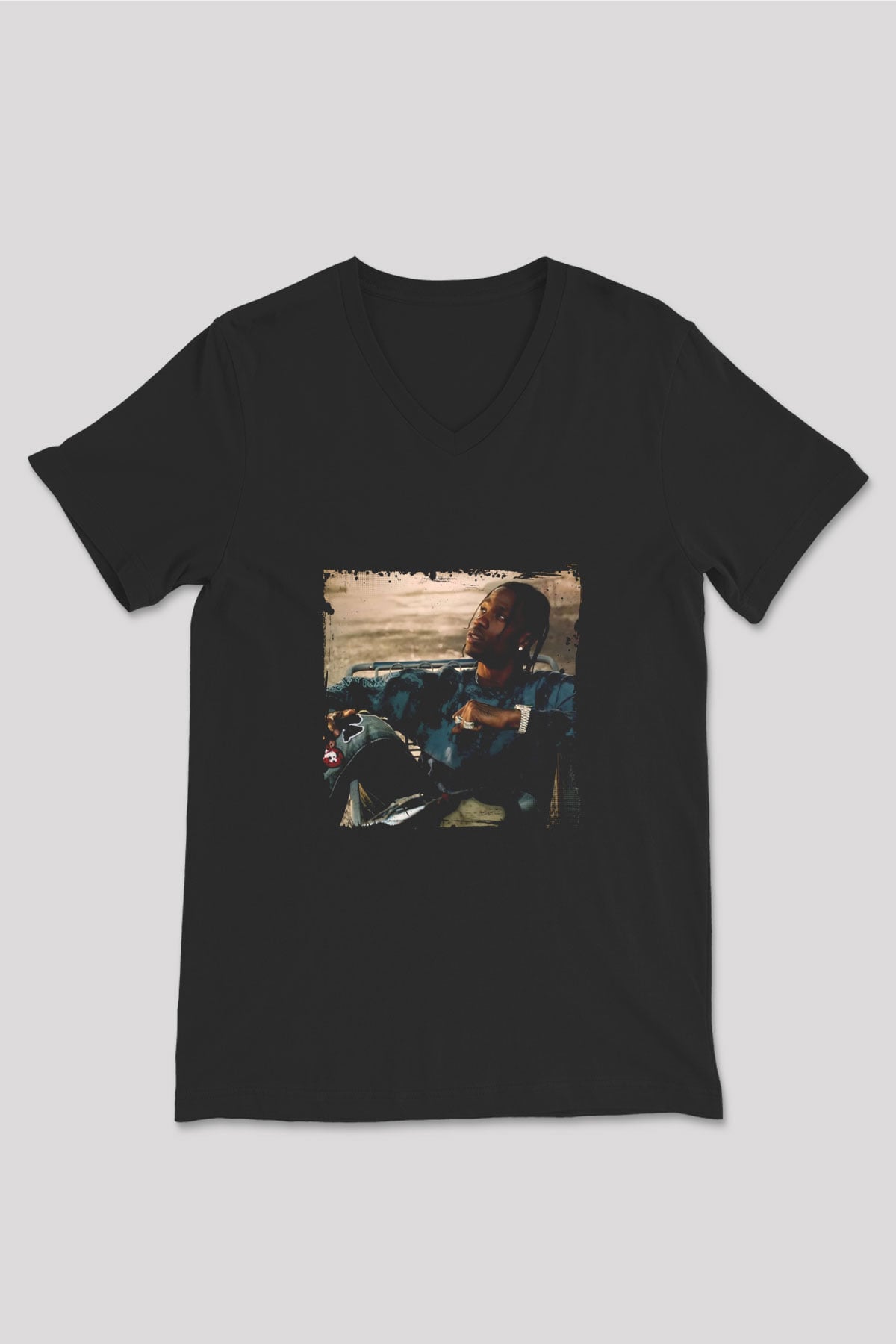Travis Scott Baskılı Unisex Siyah V Yaka Tişört