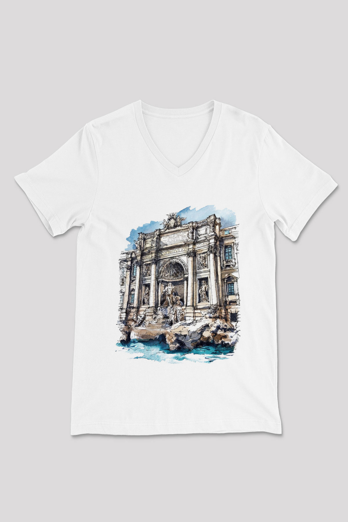 Trevi Çeşmesi Beyaz Unisex V Yaka Tişört T-Shirt
