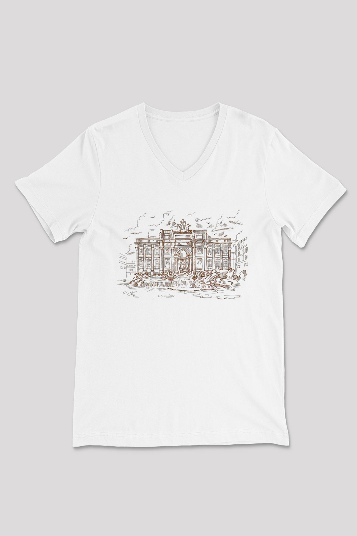 Trevi Çeşmesi Beyaz Unisex V Yaka Tişört T-Shirt