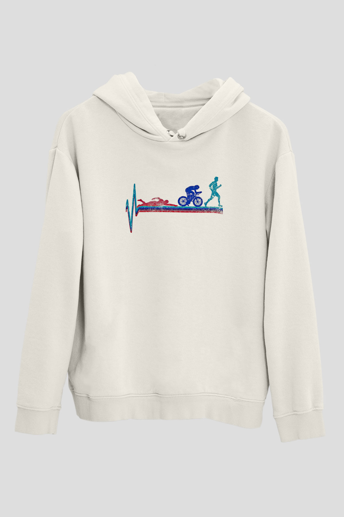 Triathlon Baskılı Unisex Ekru Hoodie