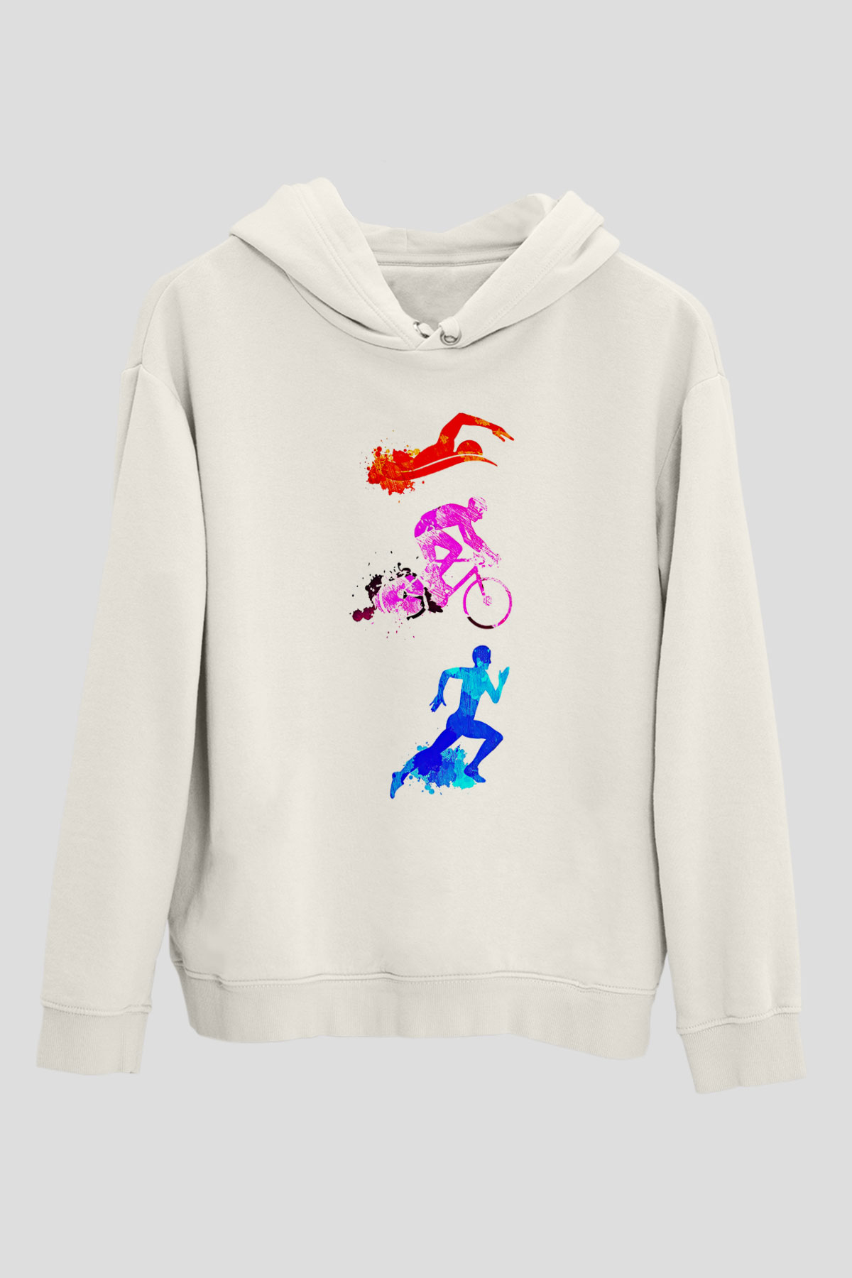 Triathlon Baskılı Unisex Ekru Hoodie