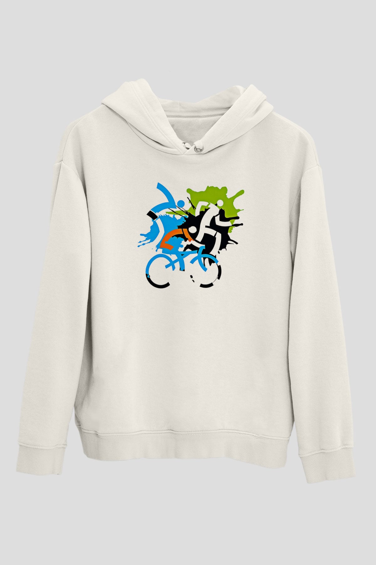Triathlon Baskılı Unisex Ekru Hoodie