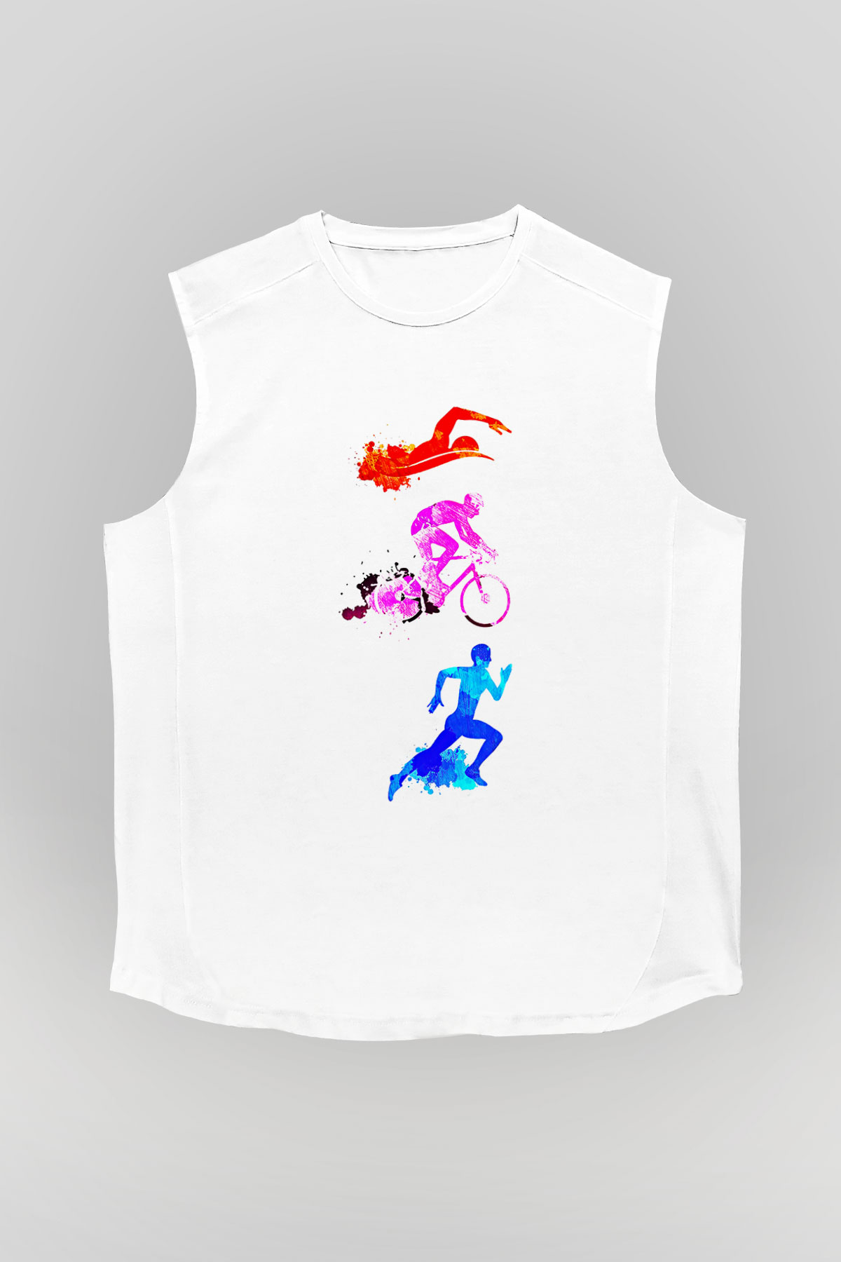 Triathlon Baskılı Unisex Kolsuz Beyaz Tişört