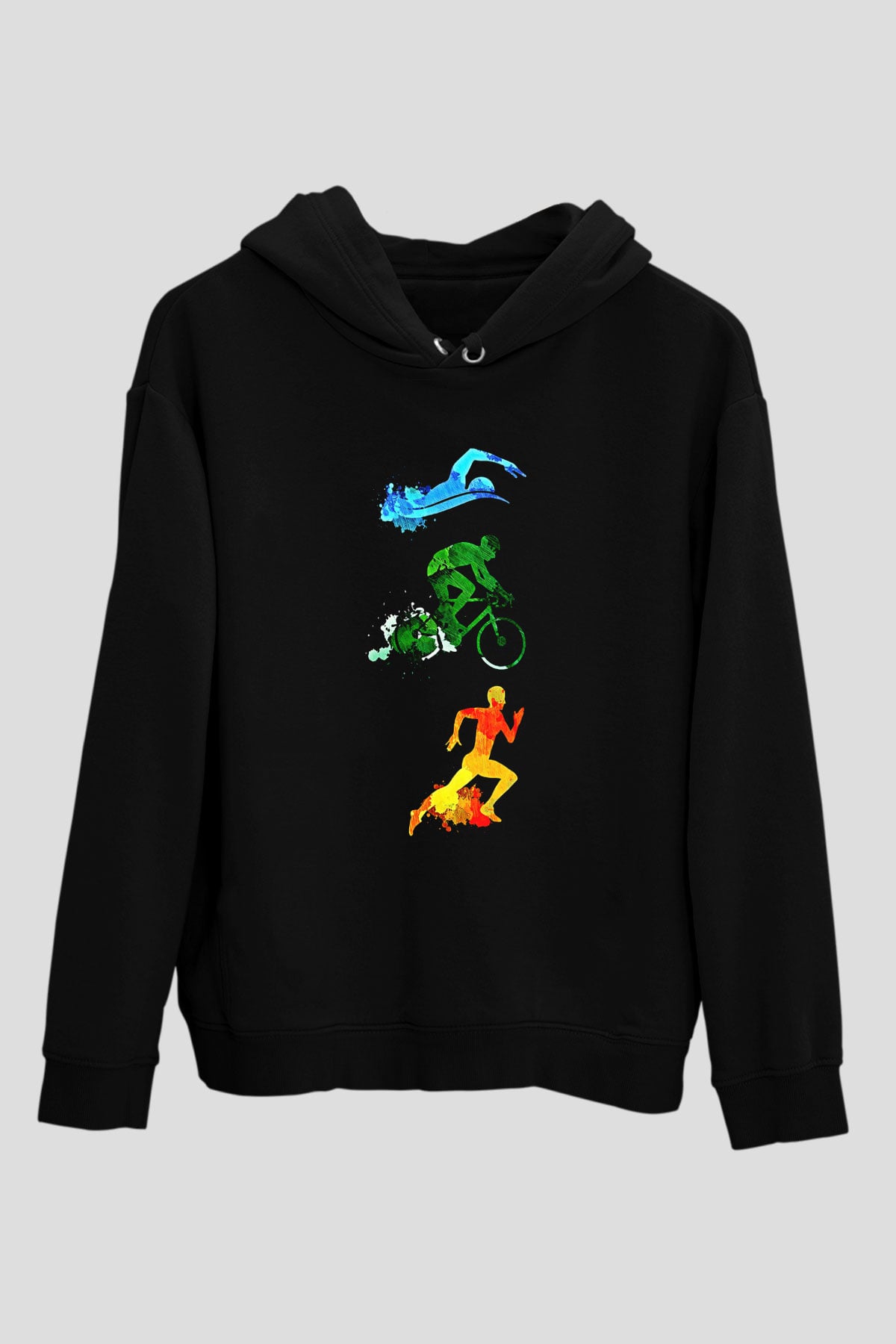 Triathlon Baskılı Unisex Siyah Kapüşonlu Sweatshirt
