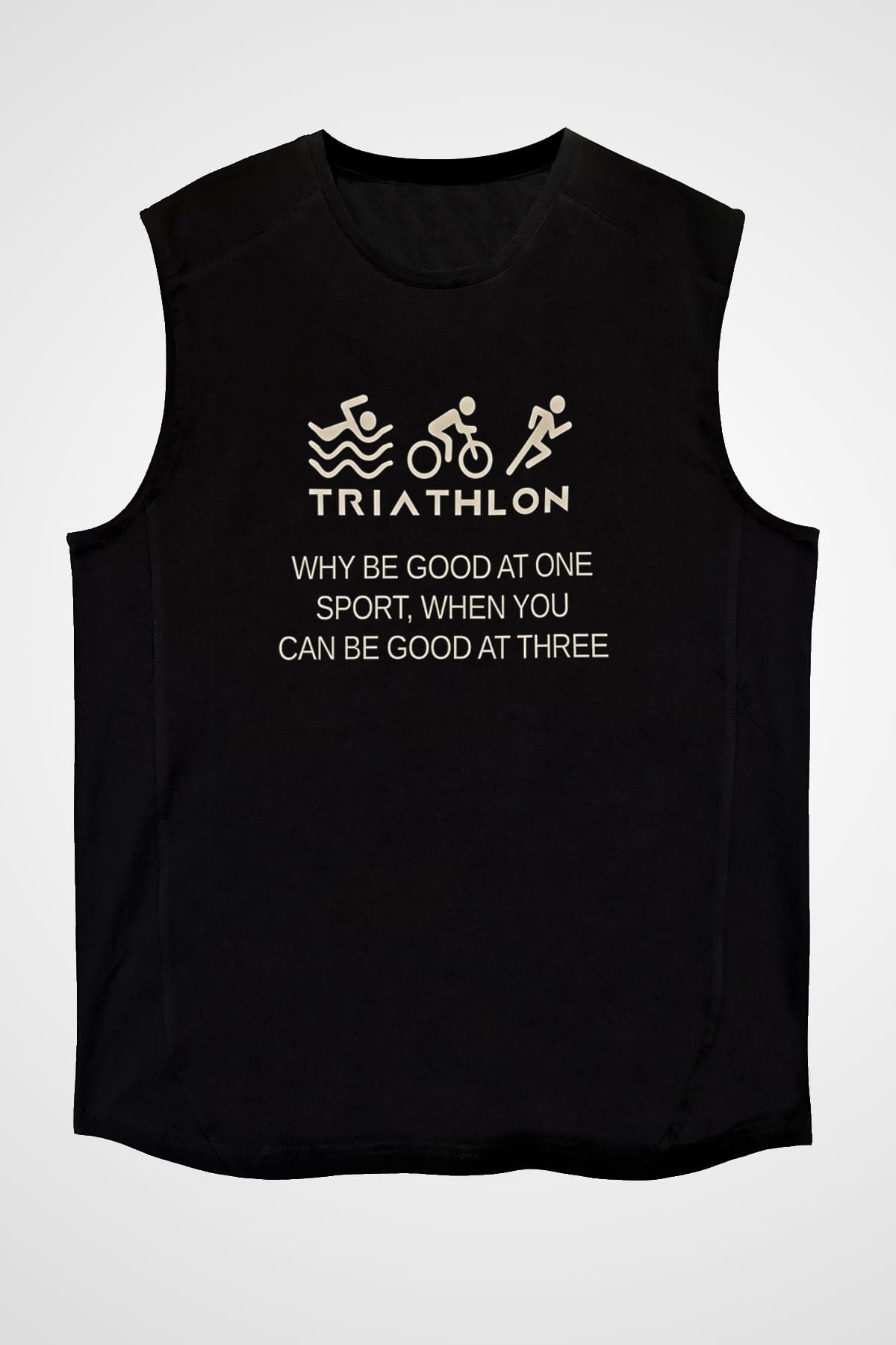 Triathlon Baskılı Unisex Siyah Kolsuz Tişört