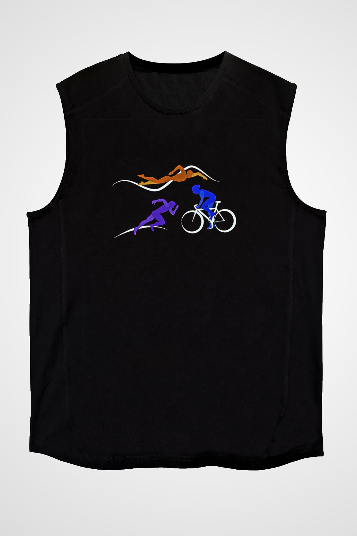 Triathlon Baskılı Unisex Siyah Kolsuz Tişört