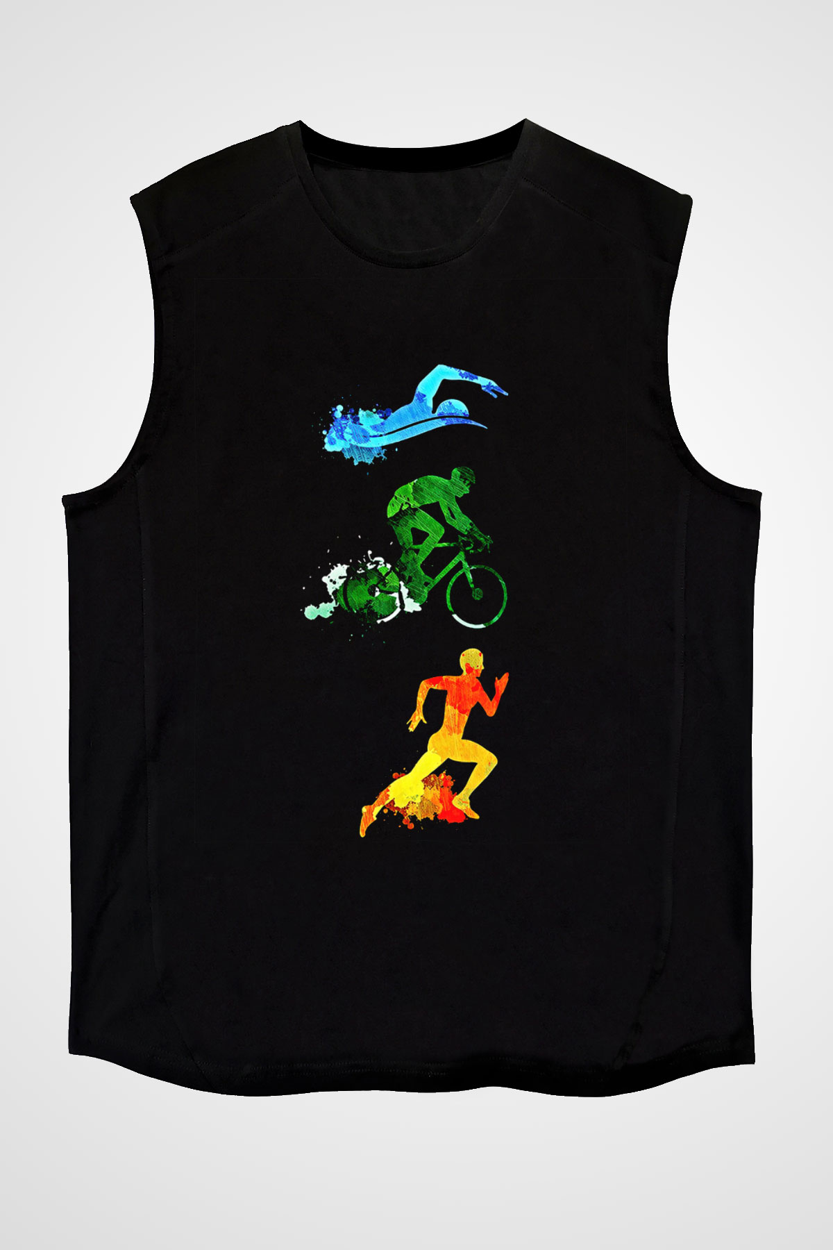 Triathlon Baskılı Unisex Siyah Kolsuz Tişört