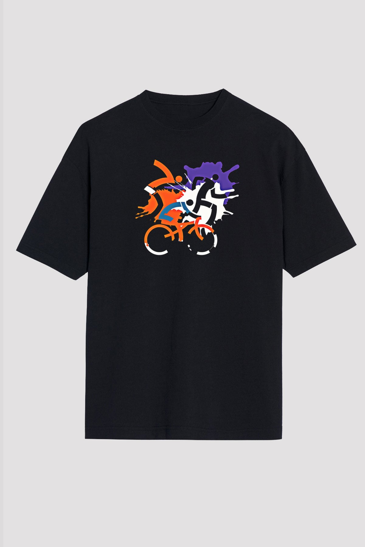 Triathlon Baskılı Unisex Siyah Oversize Tişört