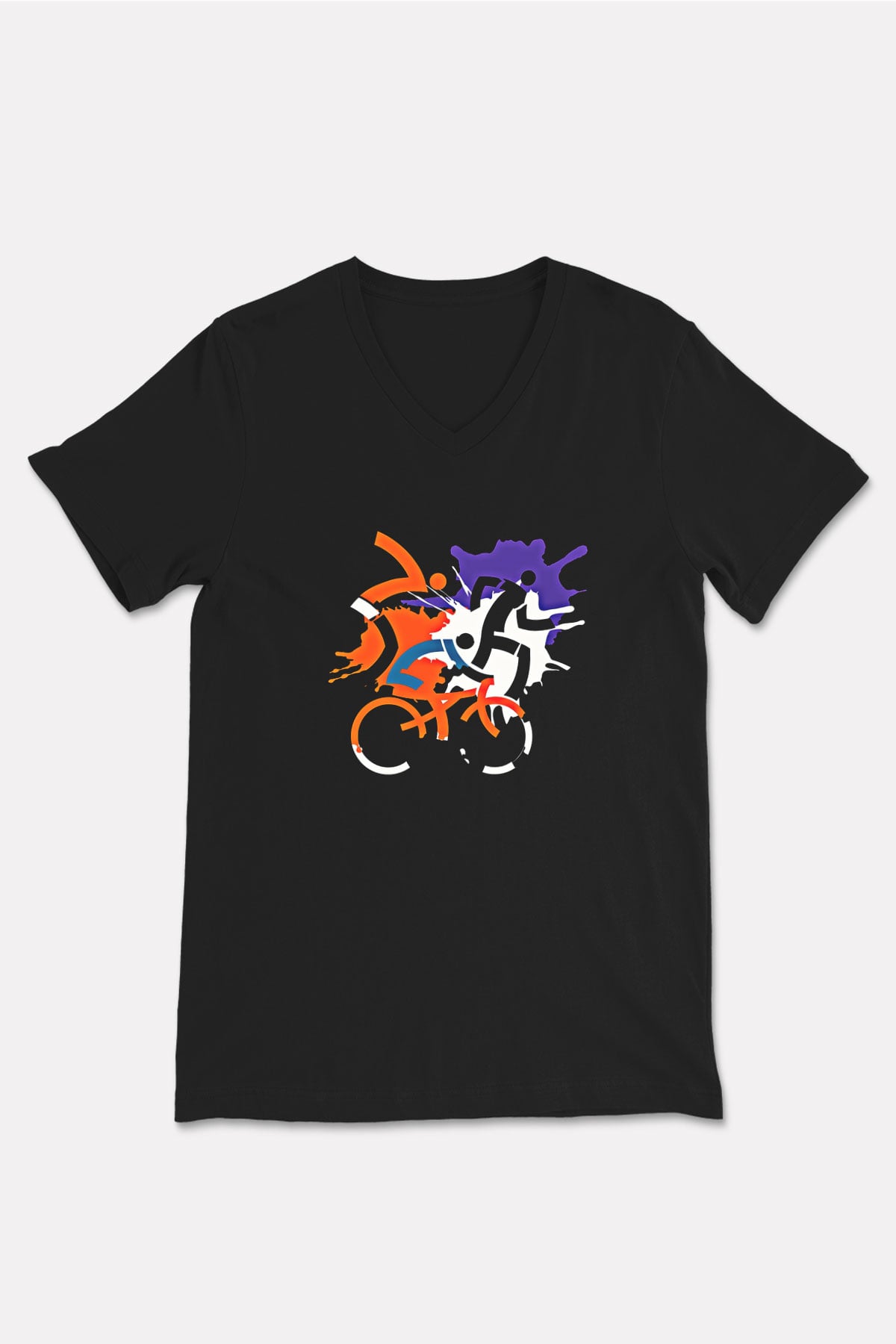 Triathlon Baskılı Unisex Siyah V Yaka Tişört