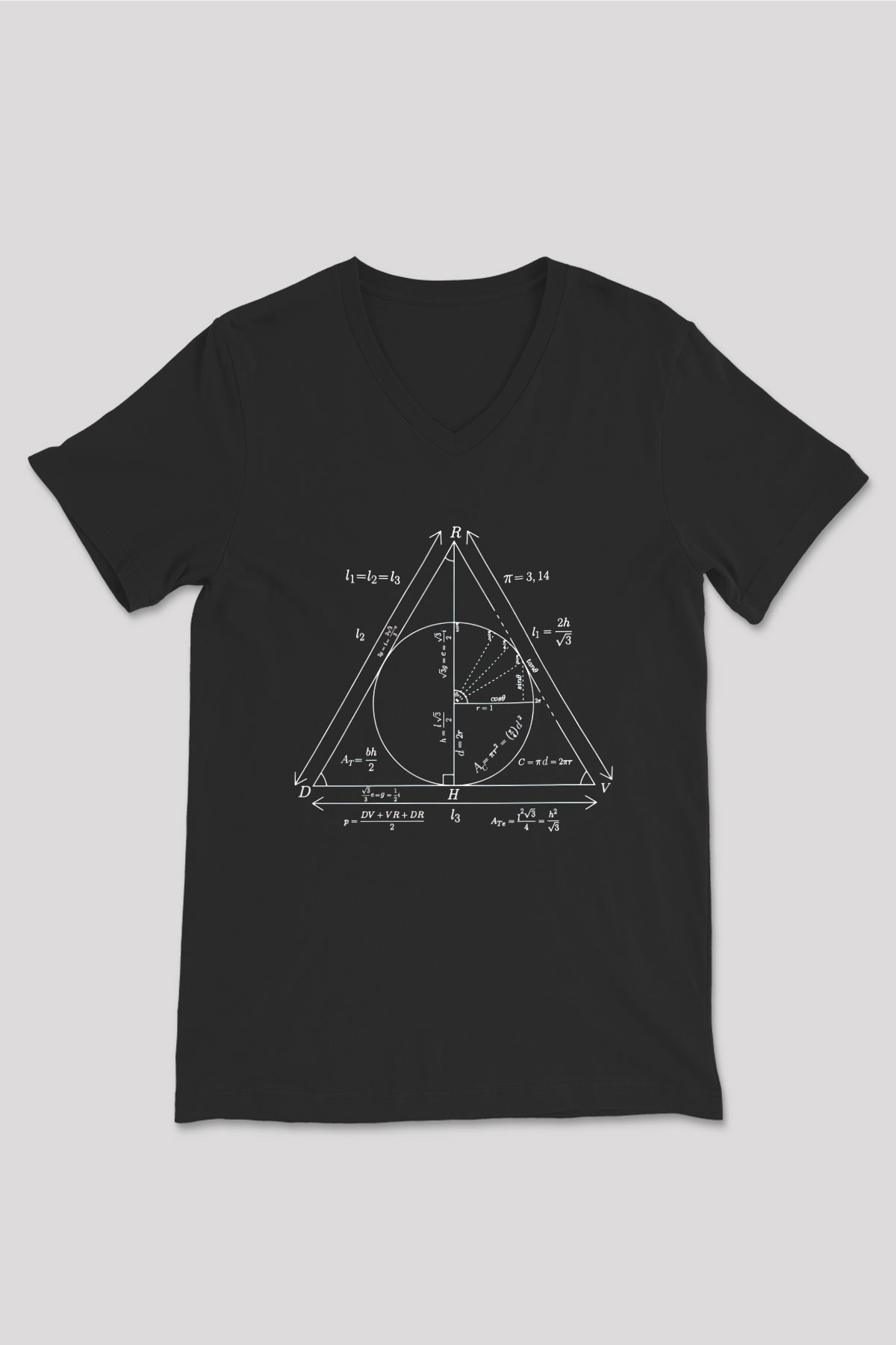 Trigonometri Geometri Baskılı Unisex Siyah V Yaka Tişört
