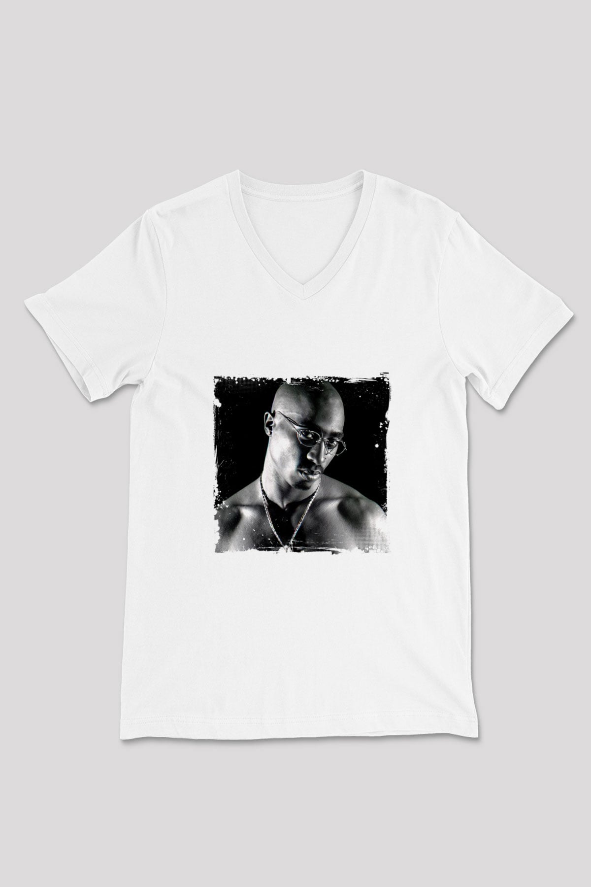 Tupac Baskılı Beyaz V Yaka Unisex Tişört