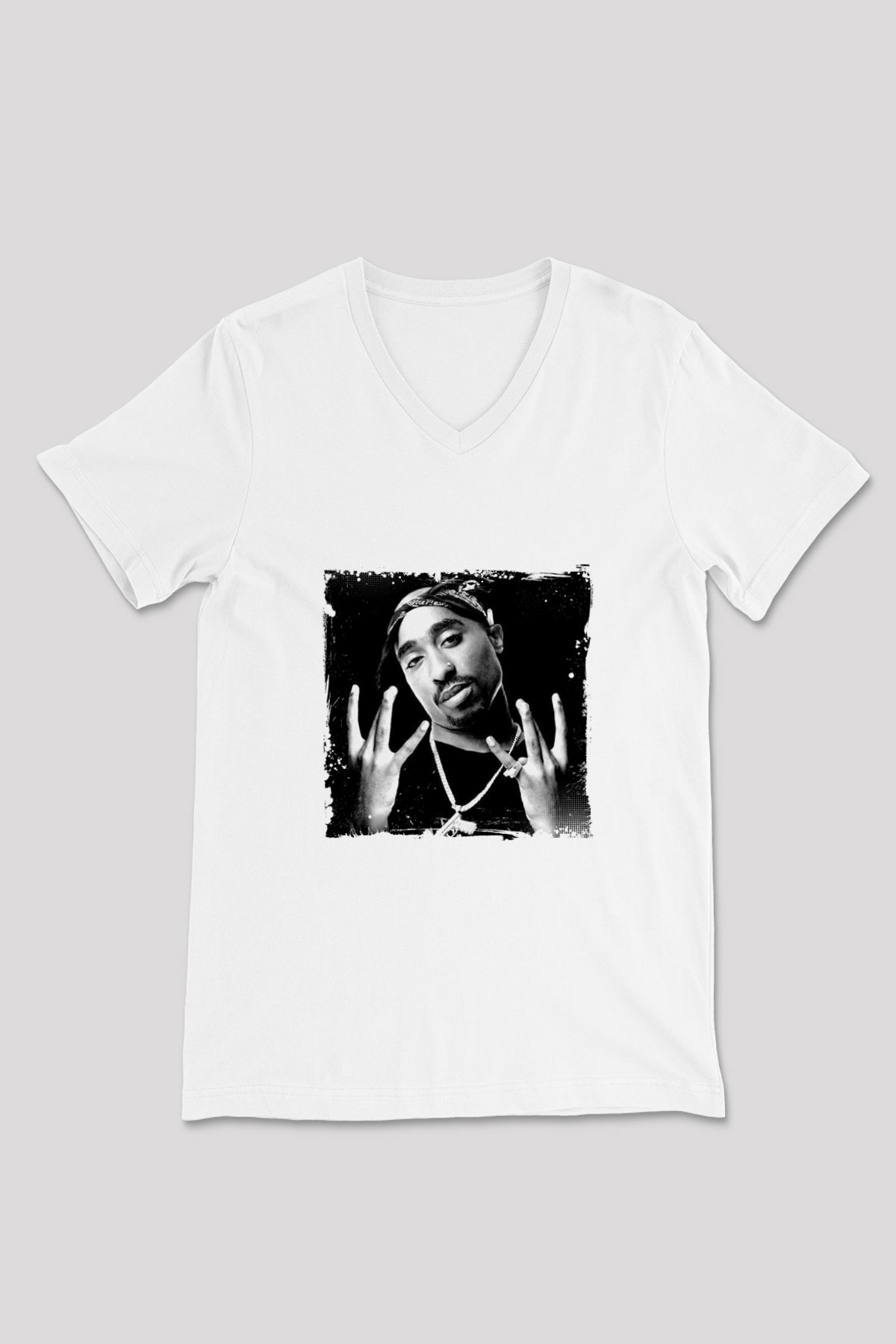 Tupac Baskılı Beyaz V Yaka Unisex Tişört