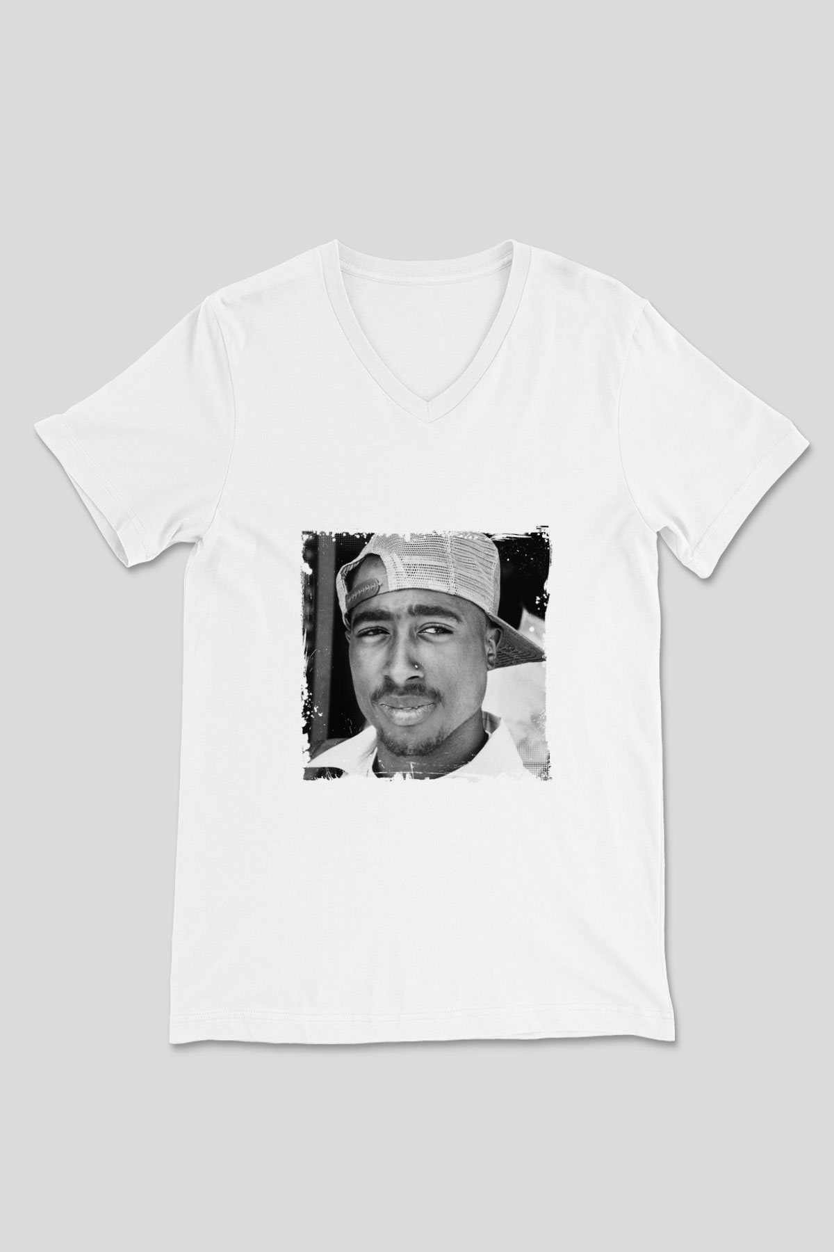 Tupac Baskılı Beyaz V Yaka Unisex Tişört