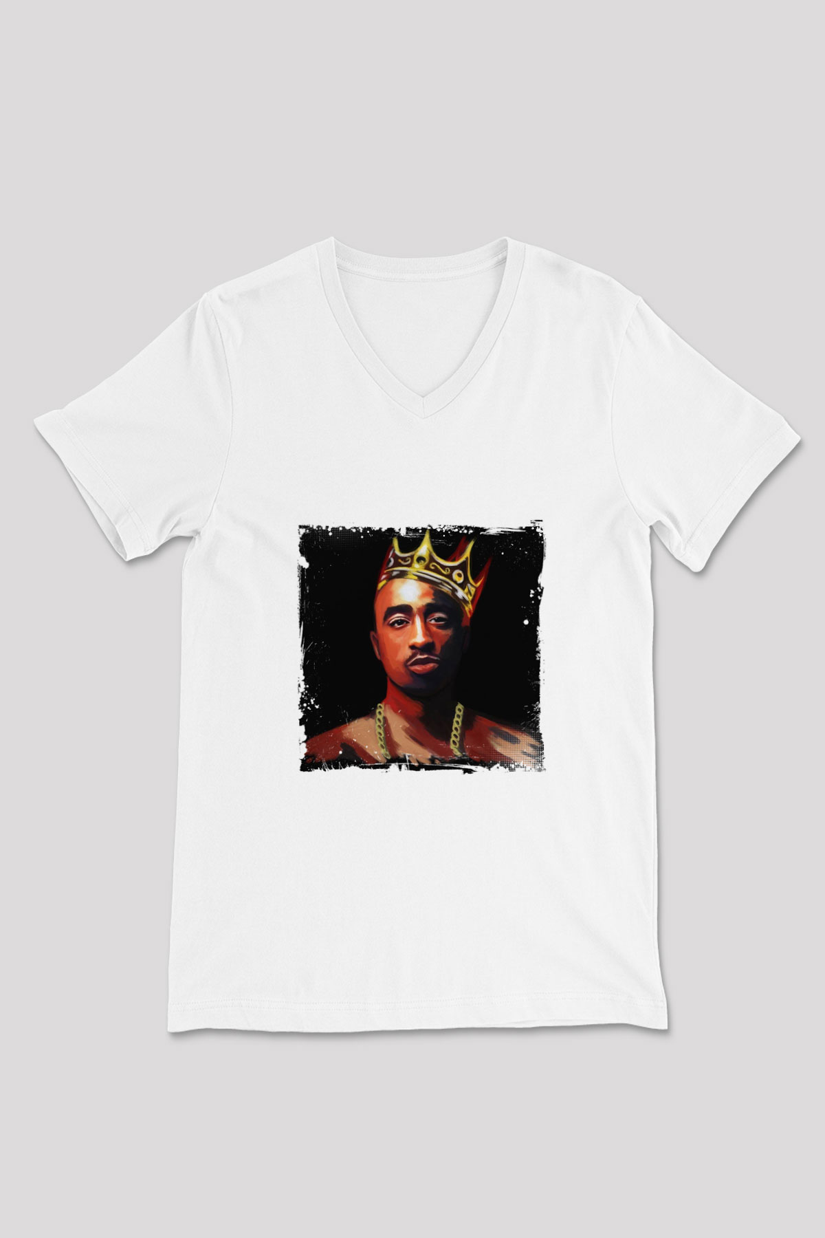 Tupac Baskılı Beyaz V Yaka Unisex Tişört
