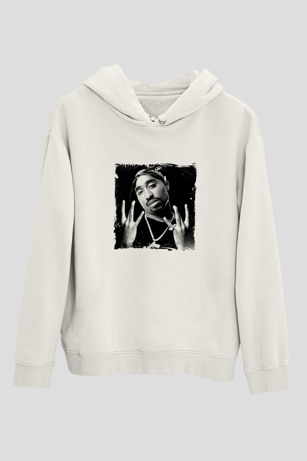 Tupac Baskılı Unisex Beyaz Kapüşonlu Sweatshirt