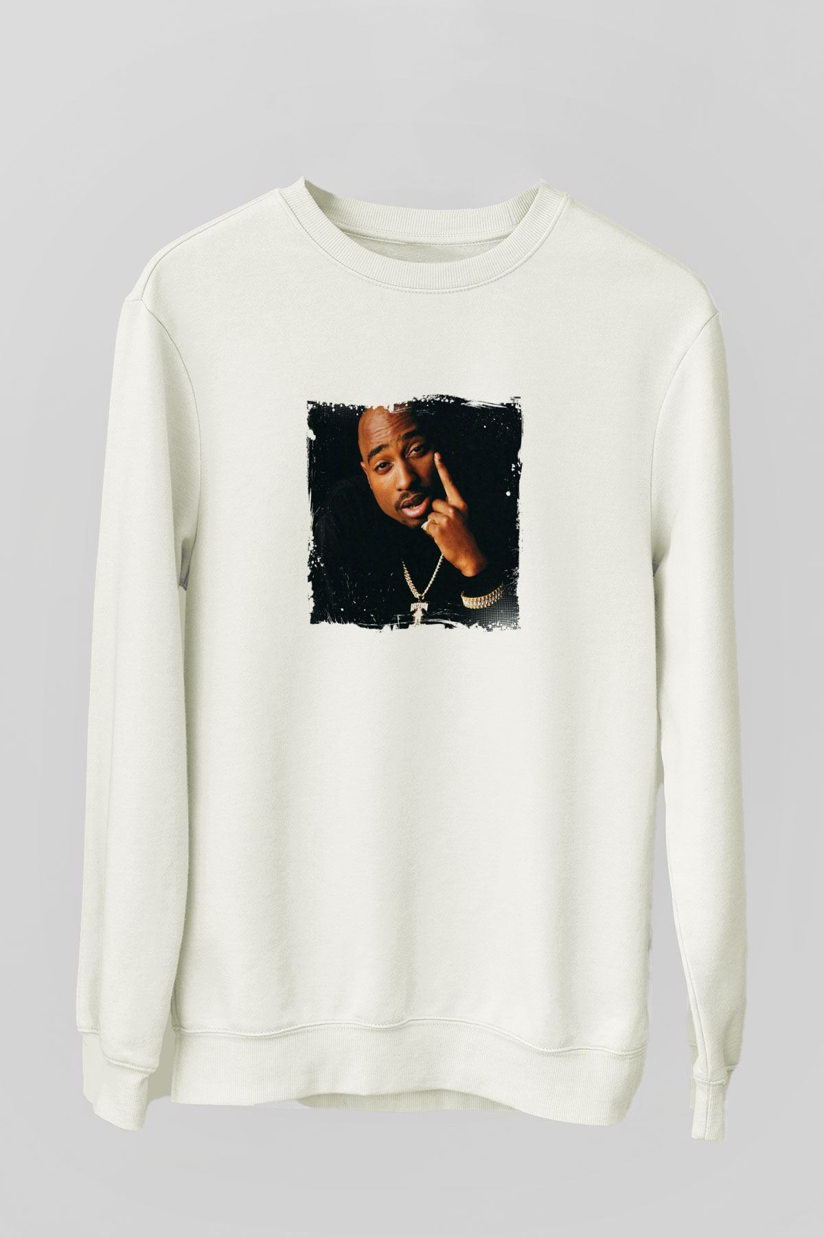 Tupac Baskılı Unisex Beyaz Sweatshirt