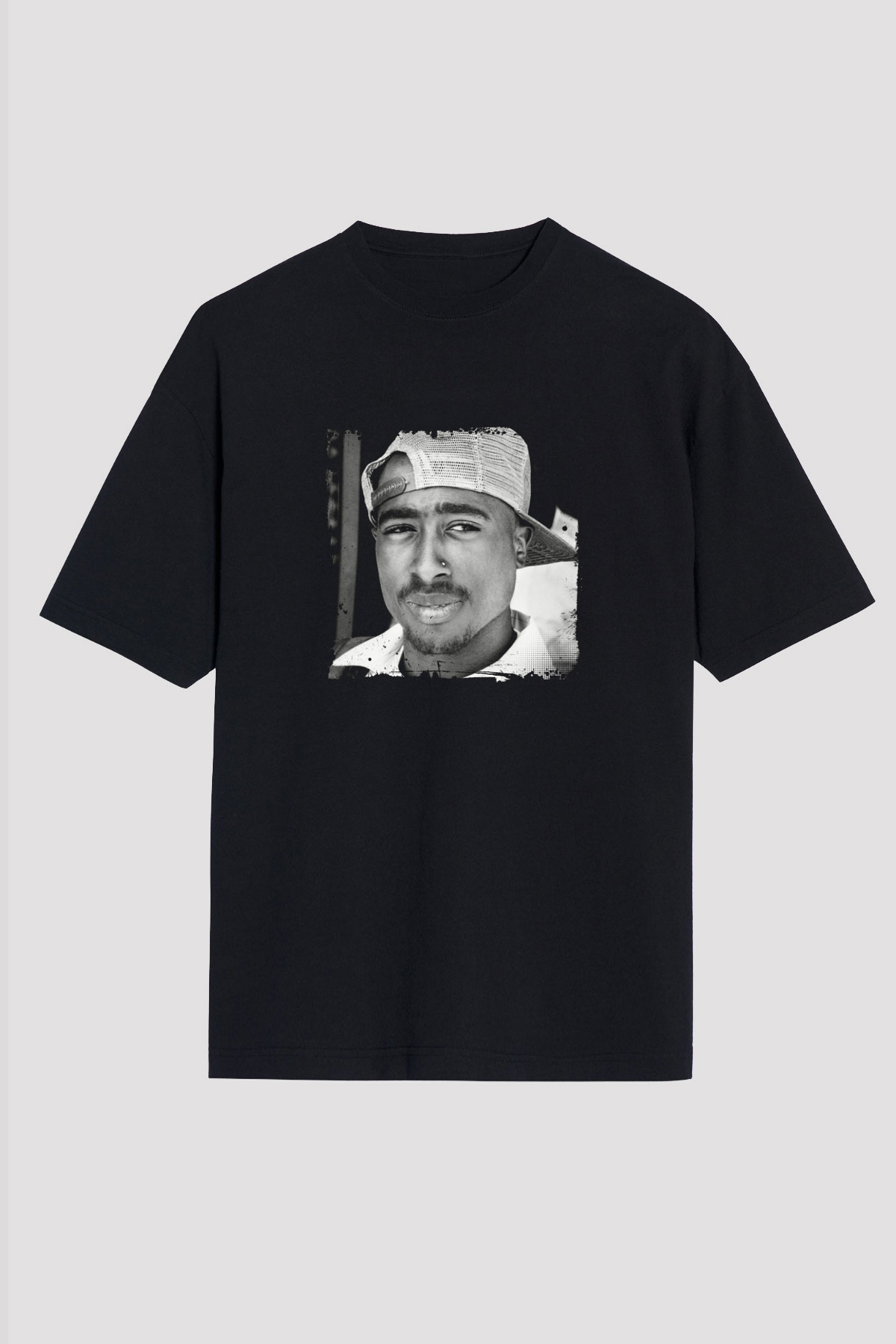 Tupac Baskılı Unisex Oversize Siyah Tişört