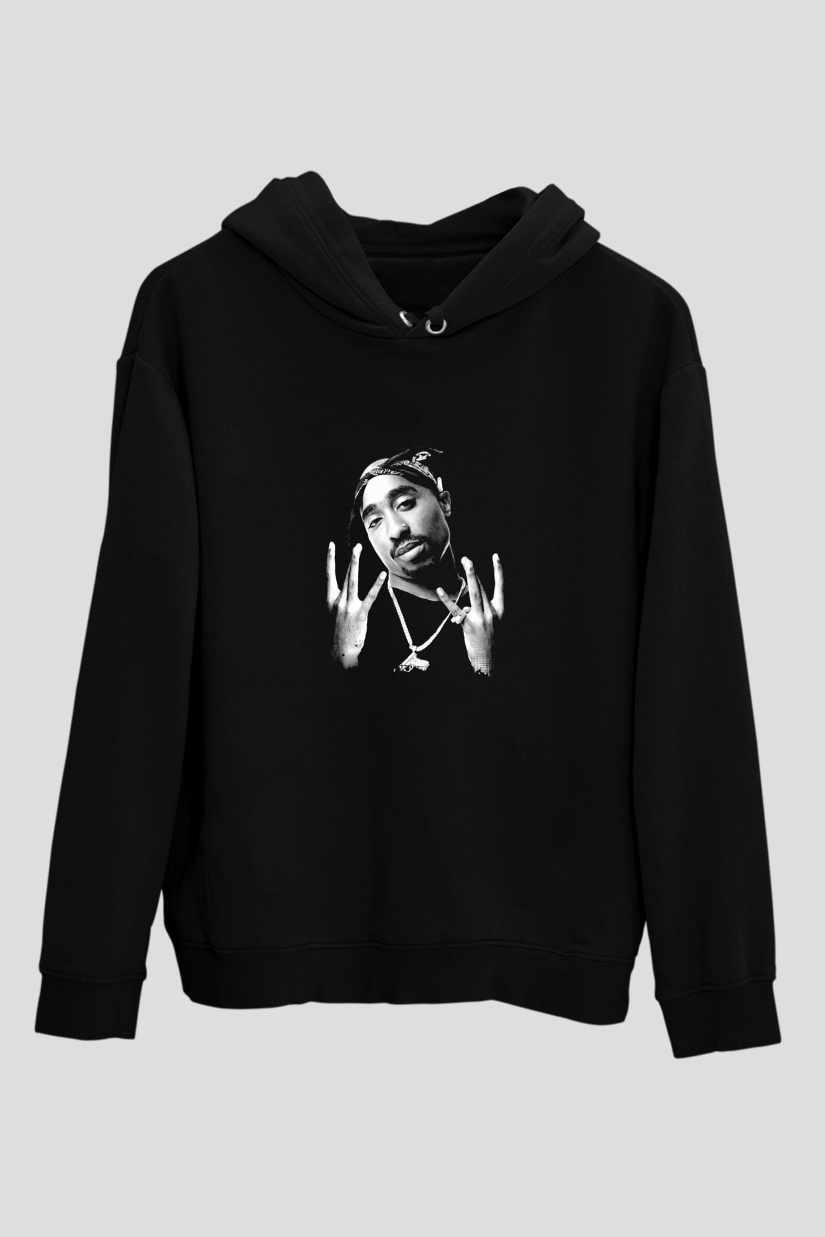 Tupac Baskılı Unisex Siyah Hoodie