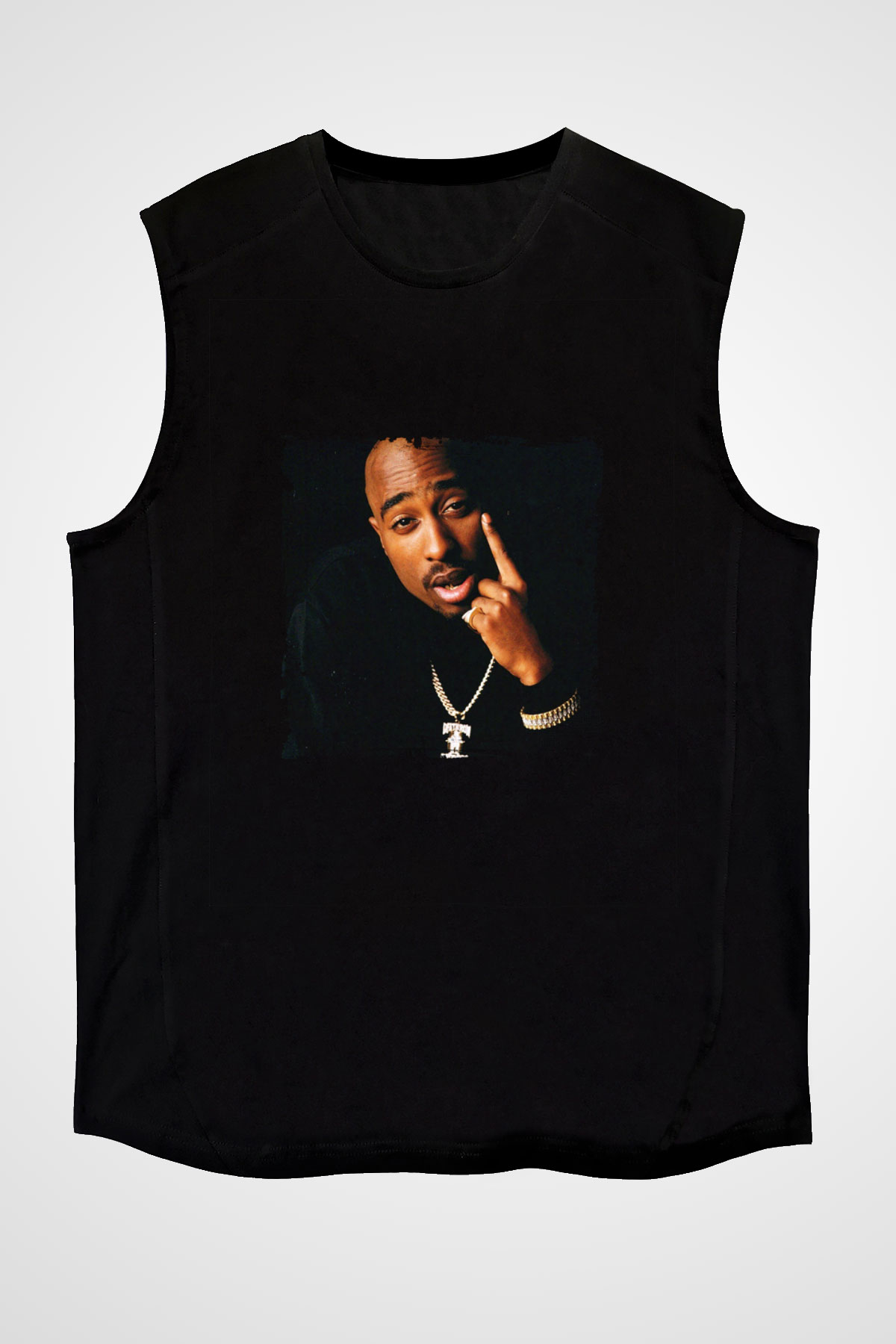 Tupac Baskılı Unisex Siyah Kolsuz Tişört