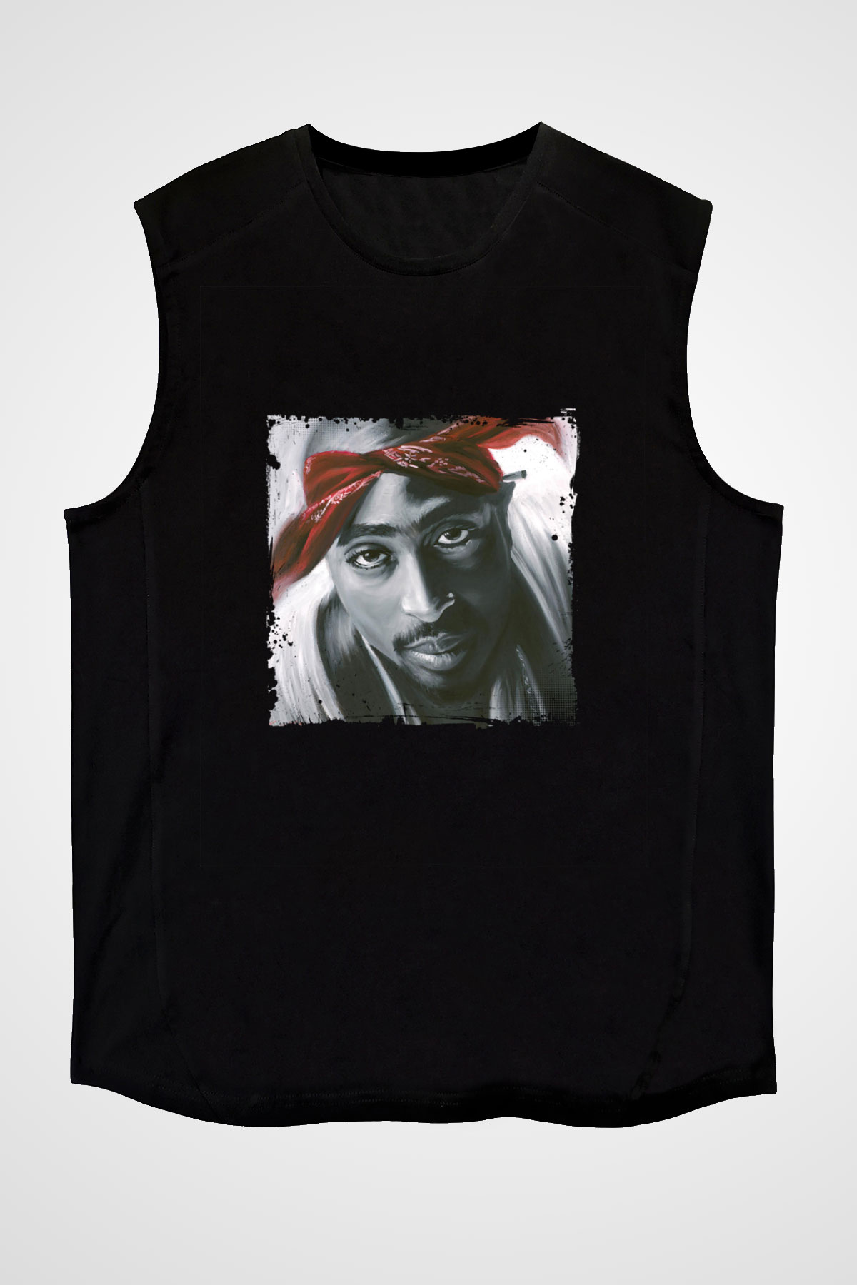Tupac Baskılı Unisex Siyah Kolsuz Tişört