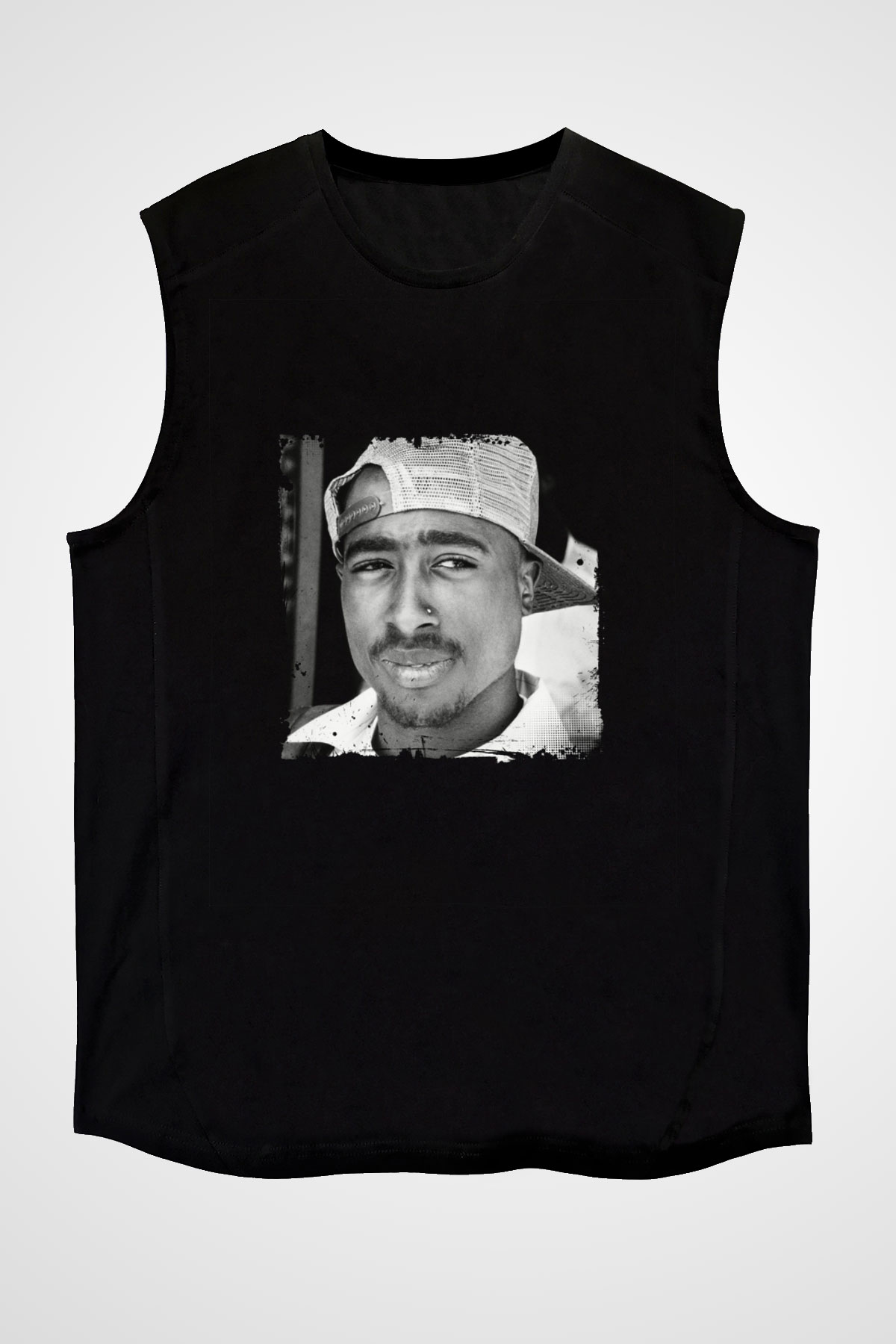 Tupac Baskılı Unisex Siyah Kolsuz Tişört