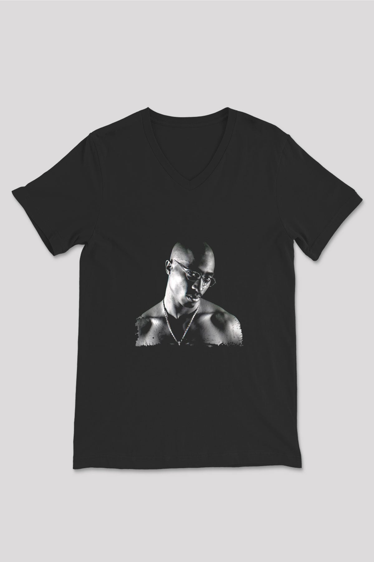 Tupac Baskılı Unisex Siyah V Yaka Tişört