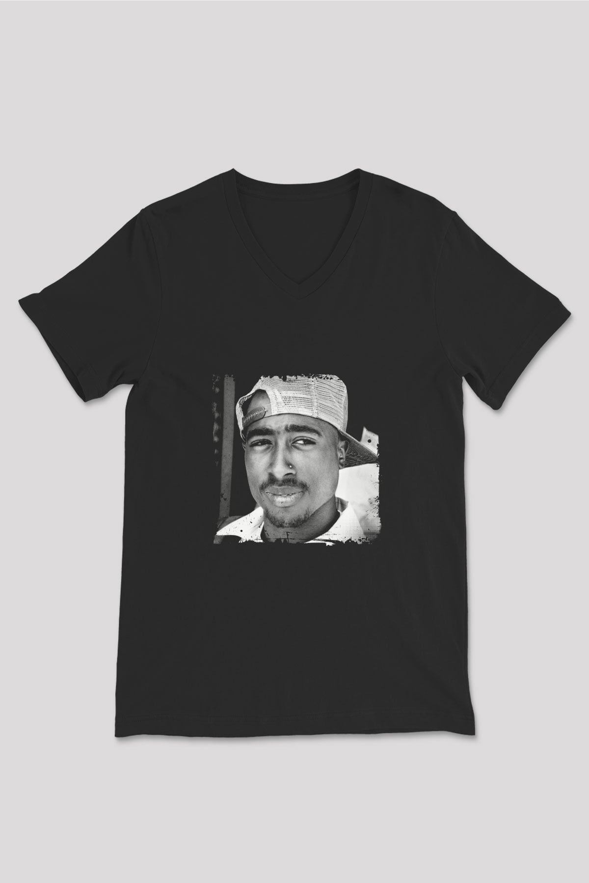 Tupac Baskılı Unisex Siyah V Yaka Tişört