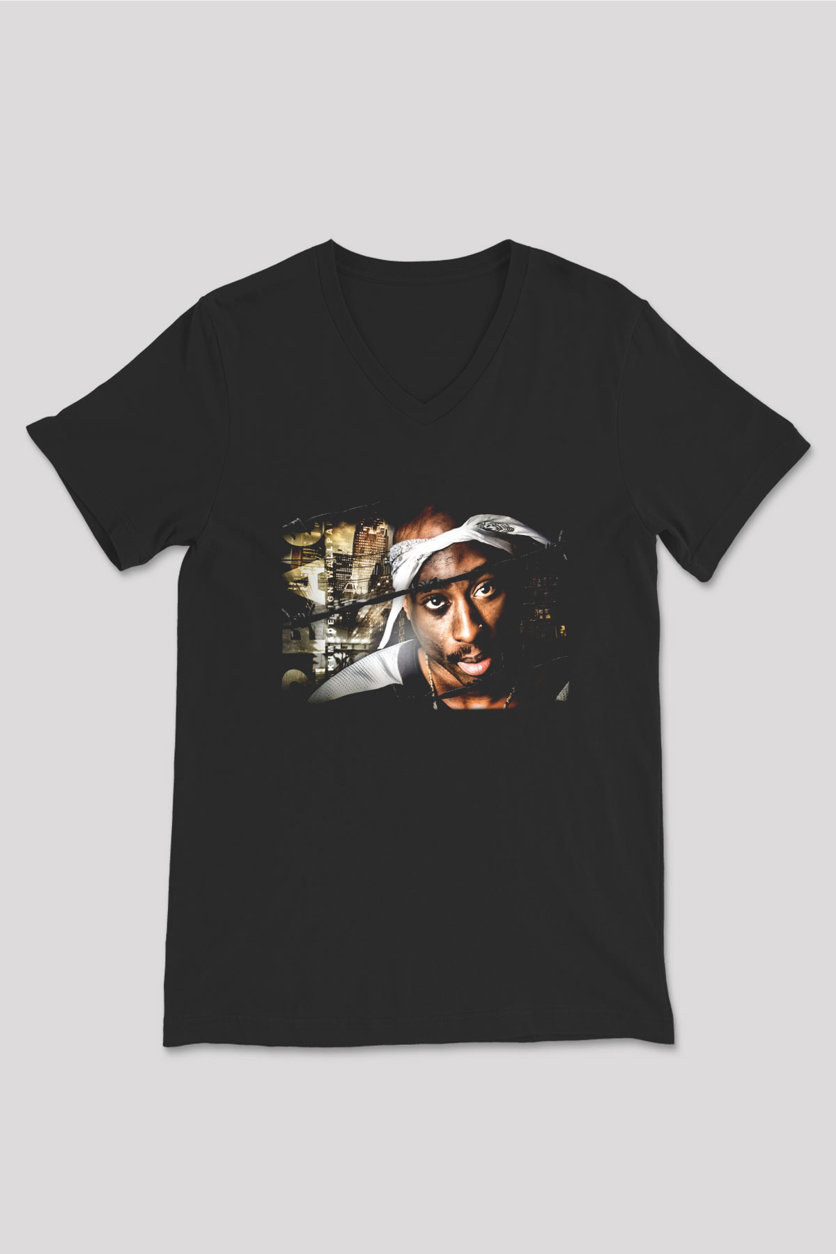 Tupac Shakur Siyah Unisex V Yaka Tişört T-Shirt