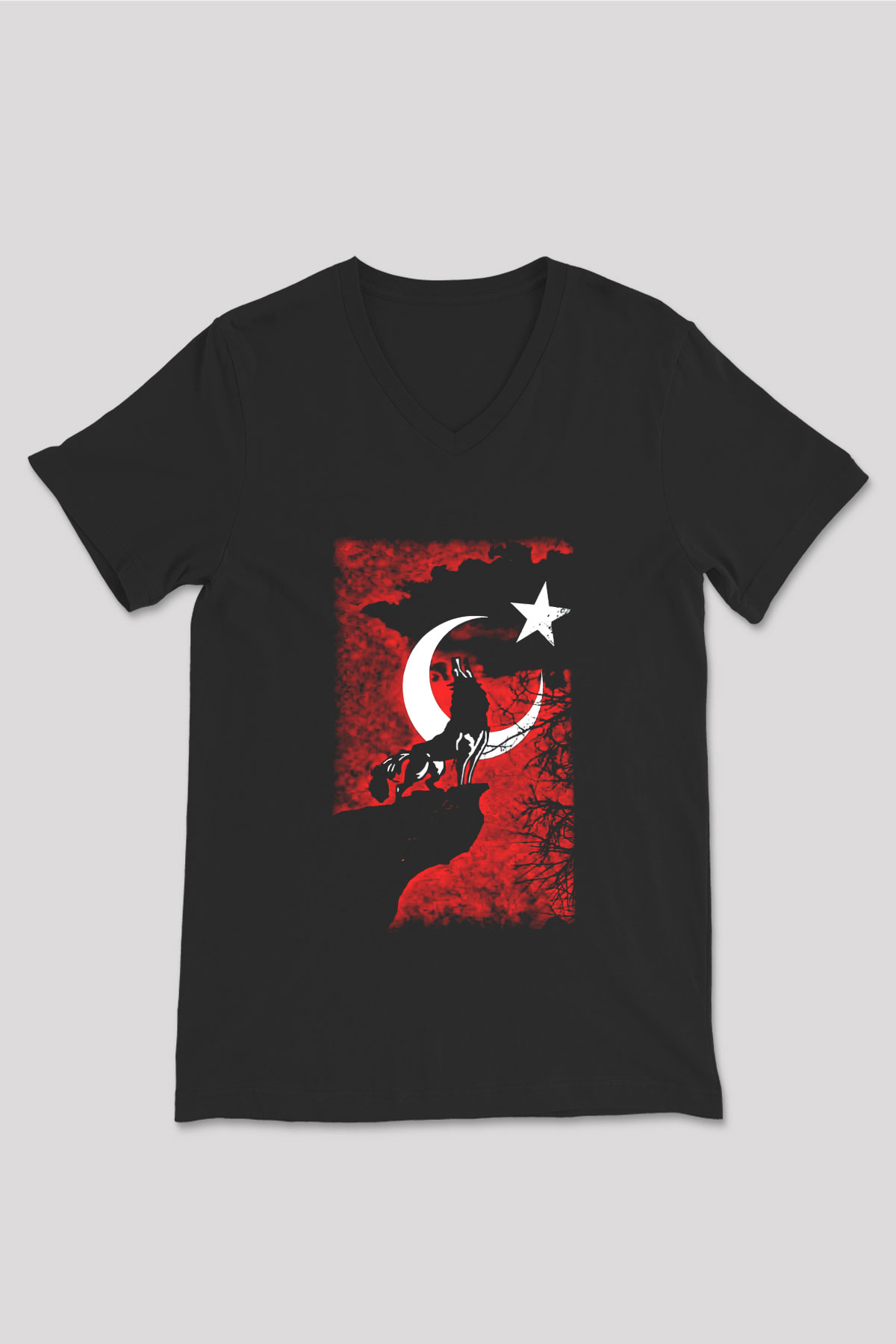 Türkiye Siyah Unisex V Yaka Tişört T-Shirt