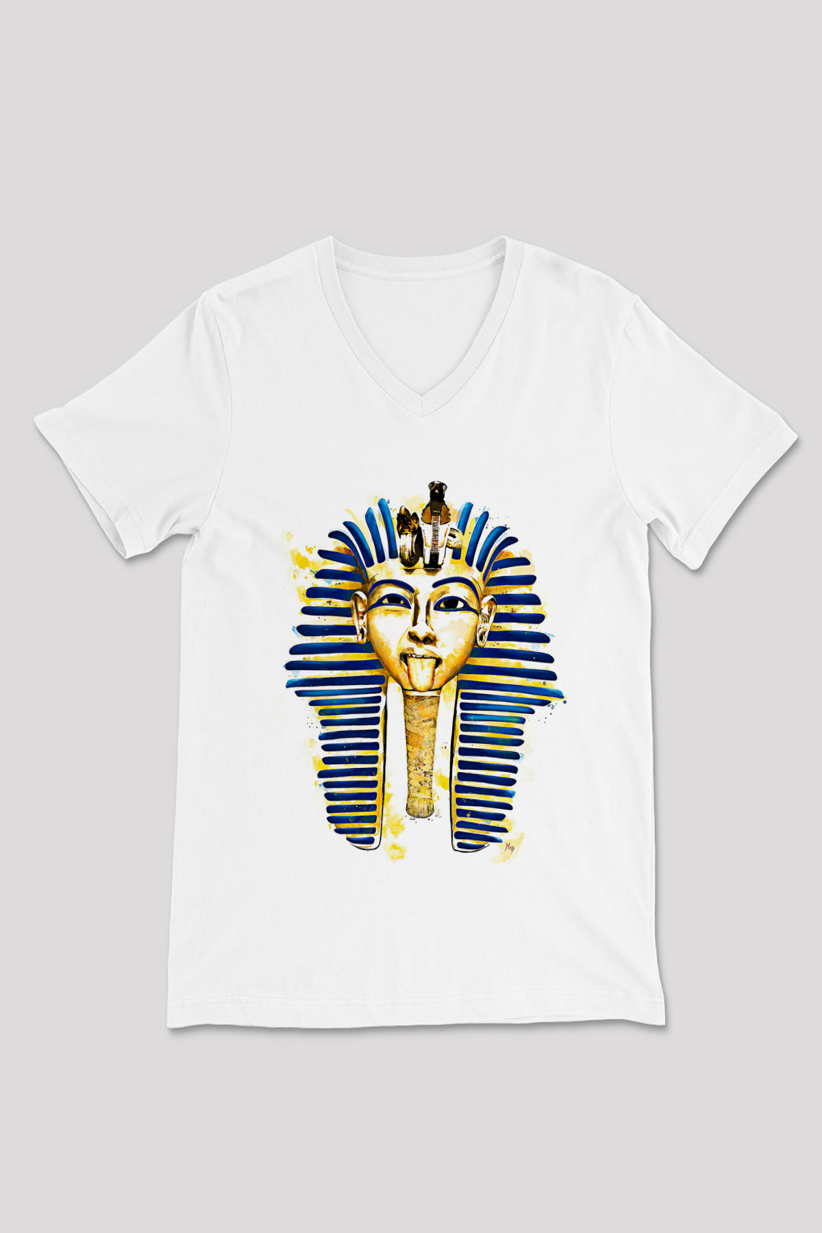 Tutankhamun Baskılı Beyaz Unisex V Yaka Tişört - Tshirt